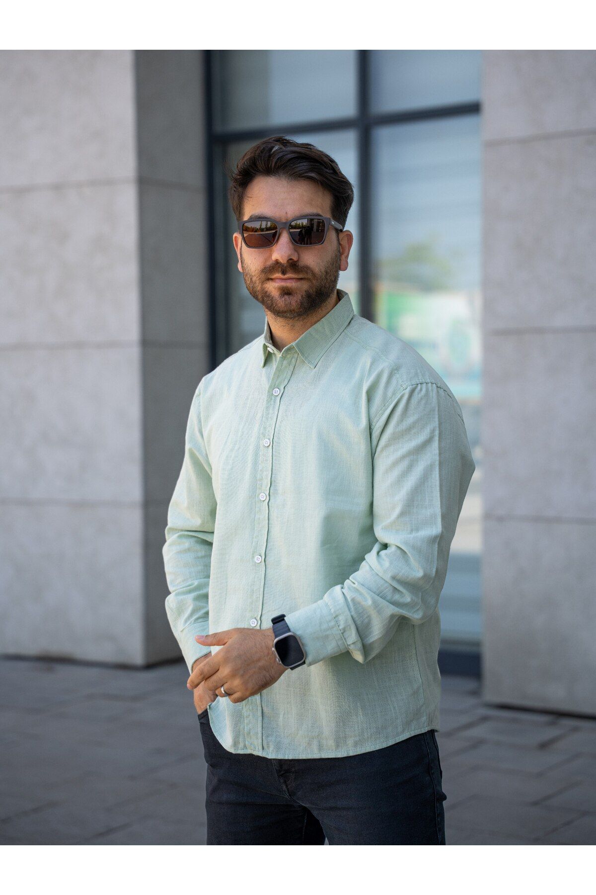 YONEZ MODA Erkek Rahat Crop Bel Falmlı Keten Uzun Kol Gömlek