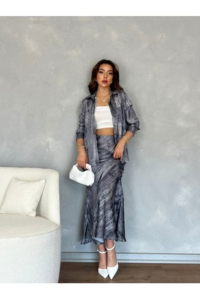 Nesil Volanlı Verev Desenli Saten Kadın Uzun Etek
