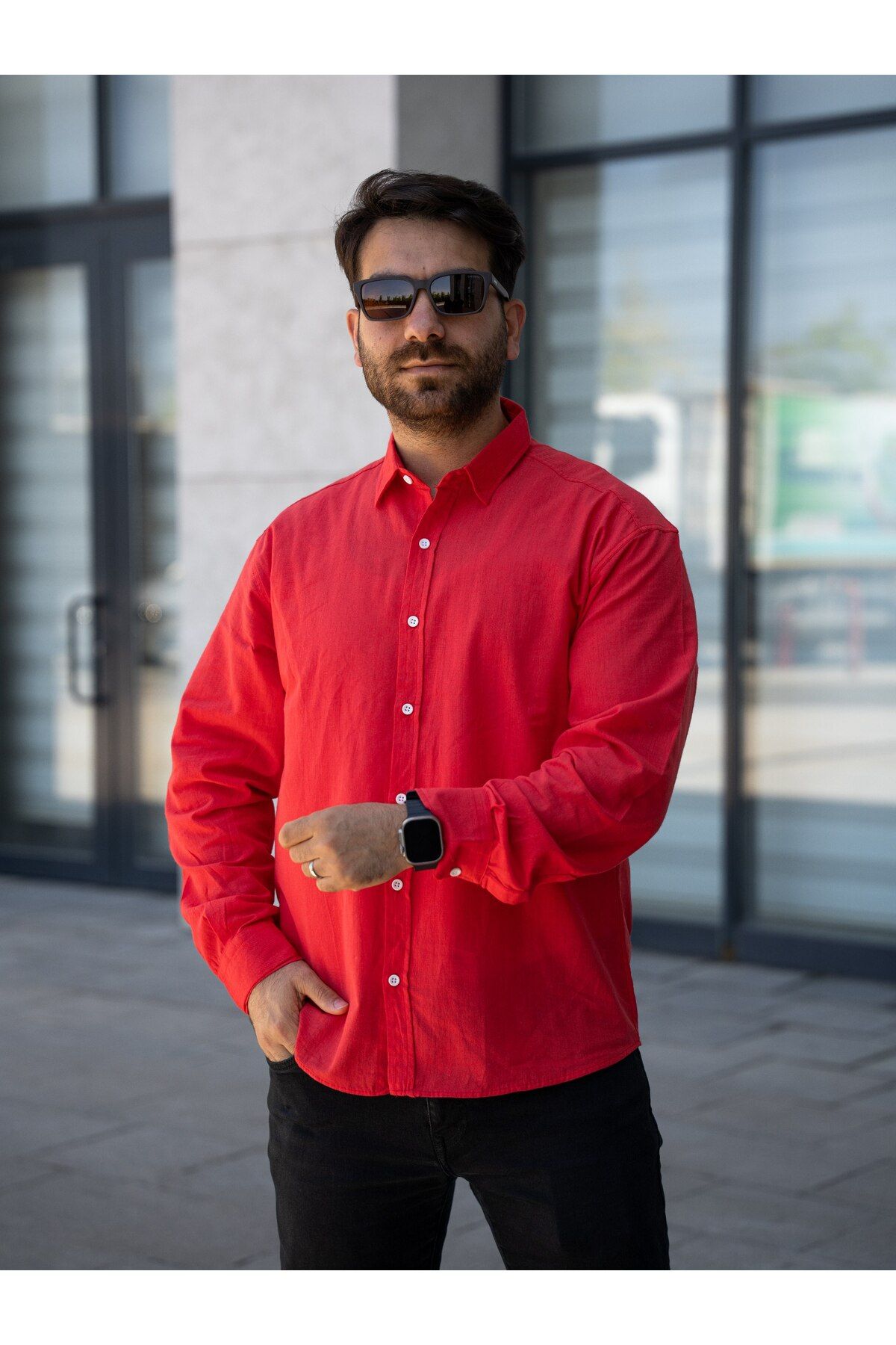YONEZ MODA Erkek Rahat Crop Bel Falmlı Keten Uzun Kol Gömlek