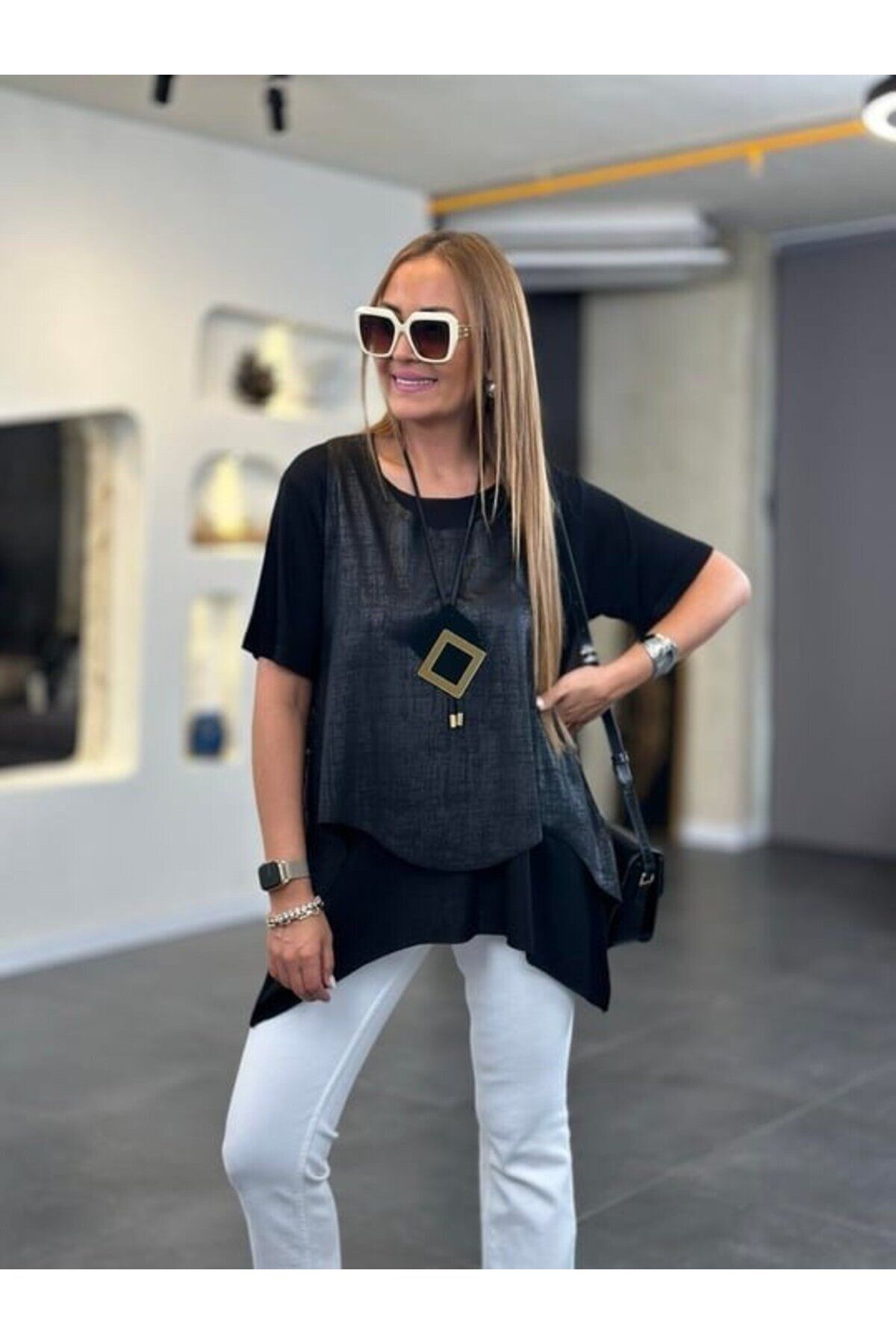 Kokosh moda Kadın Kısa Kollu Bisiklet Yaka Yelek Bluz Asimetrik Kesim İkili Takım