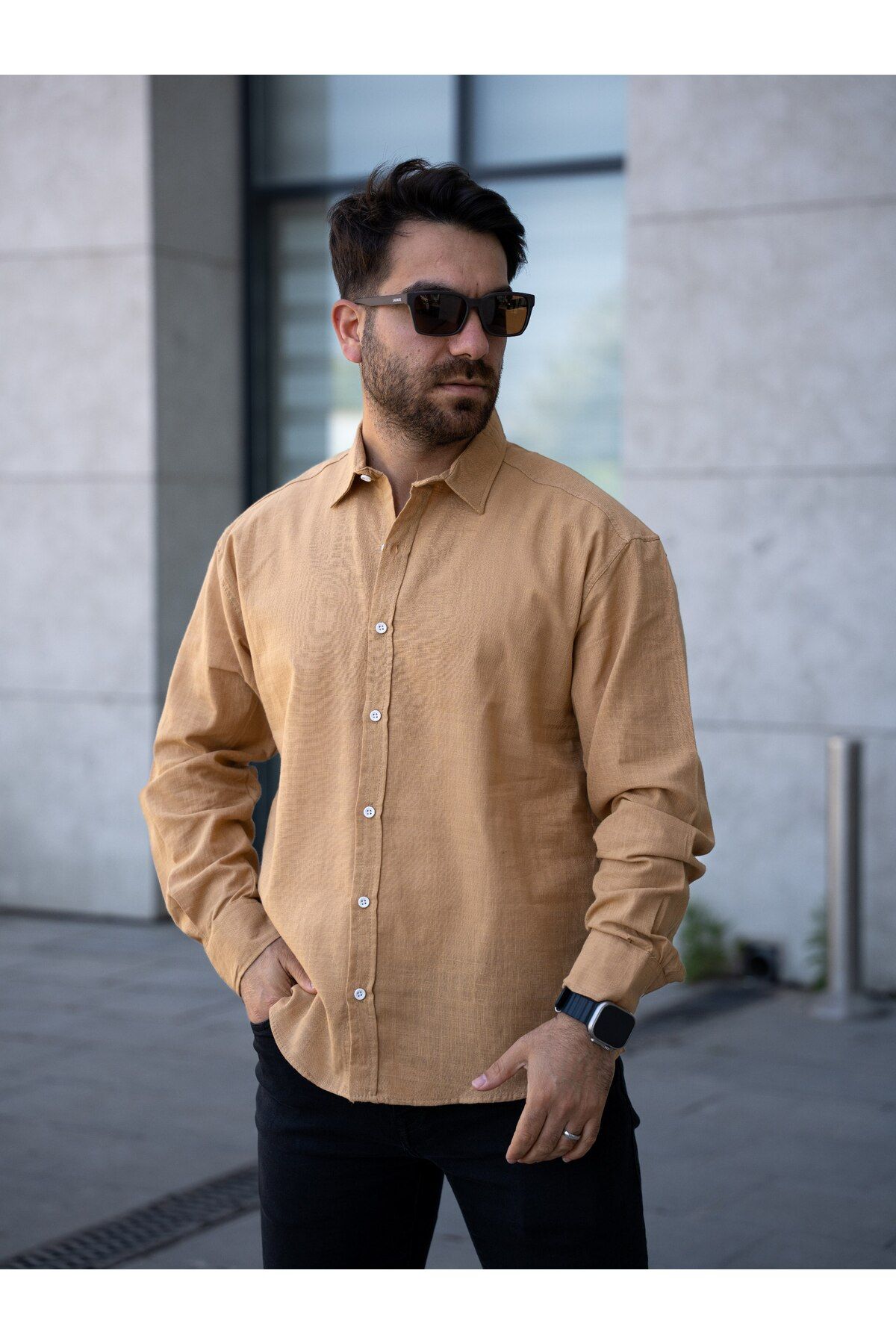 YONEZ MODA Erkek Rahat Crop Bel Falmlı Keten Uzun Kol Gömlek