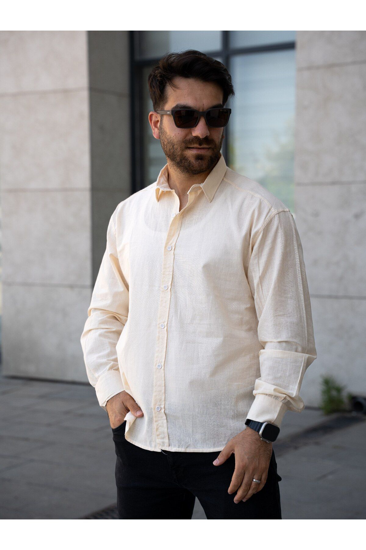 YONEZ MODA Erkek Rahat Crop Bel Falmlı Keten Uzun Kol Gömlek