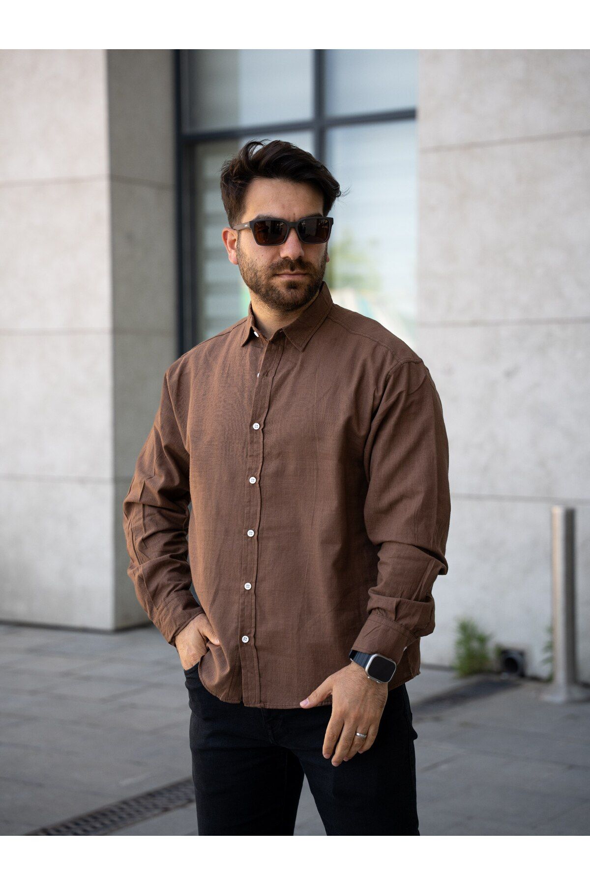 YONEZ MODA Erkek Rahat Crop Bel Falmlı Keten Uzun Kol Gömlek