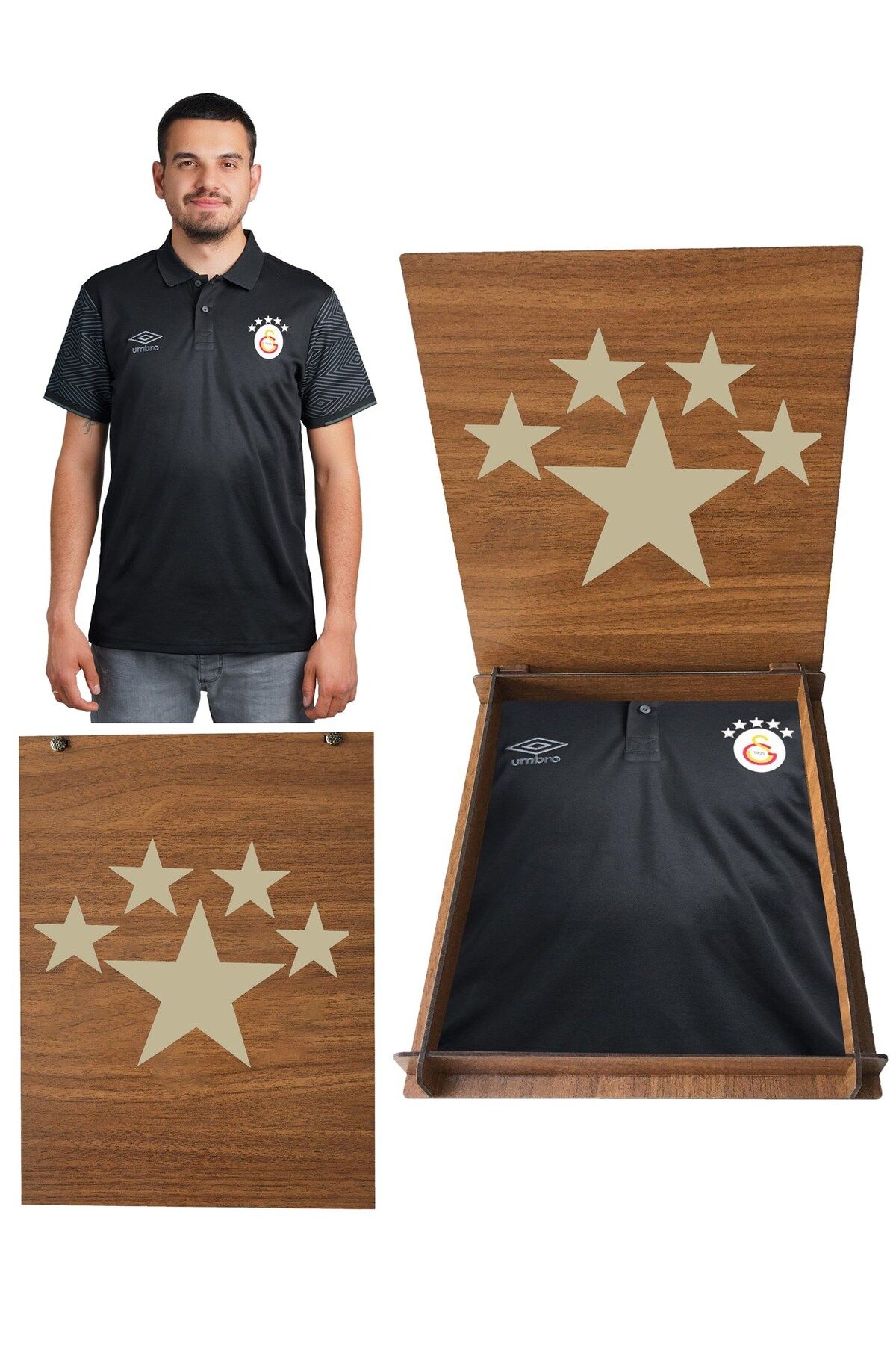 Galatasaray Orijinal 5 Yıldızlı Siyah Umbro T-Shırt 5 Yıldız Ahşap Kutulu