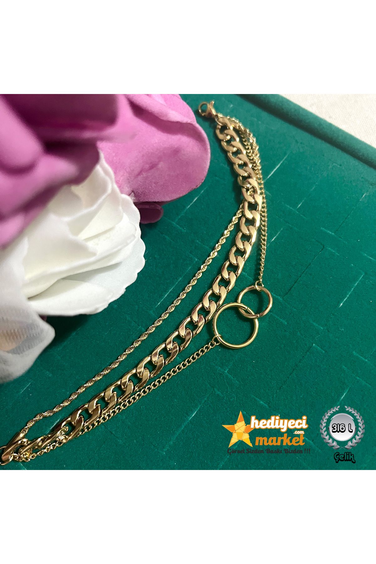 Hediyeci Market 16 L - Paslanmaz Altın Rengi 3'lü Kombin Çelik Bileklik - HMÇB-0099