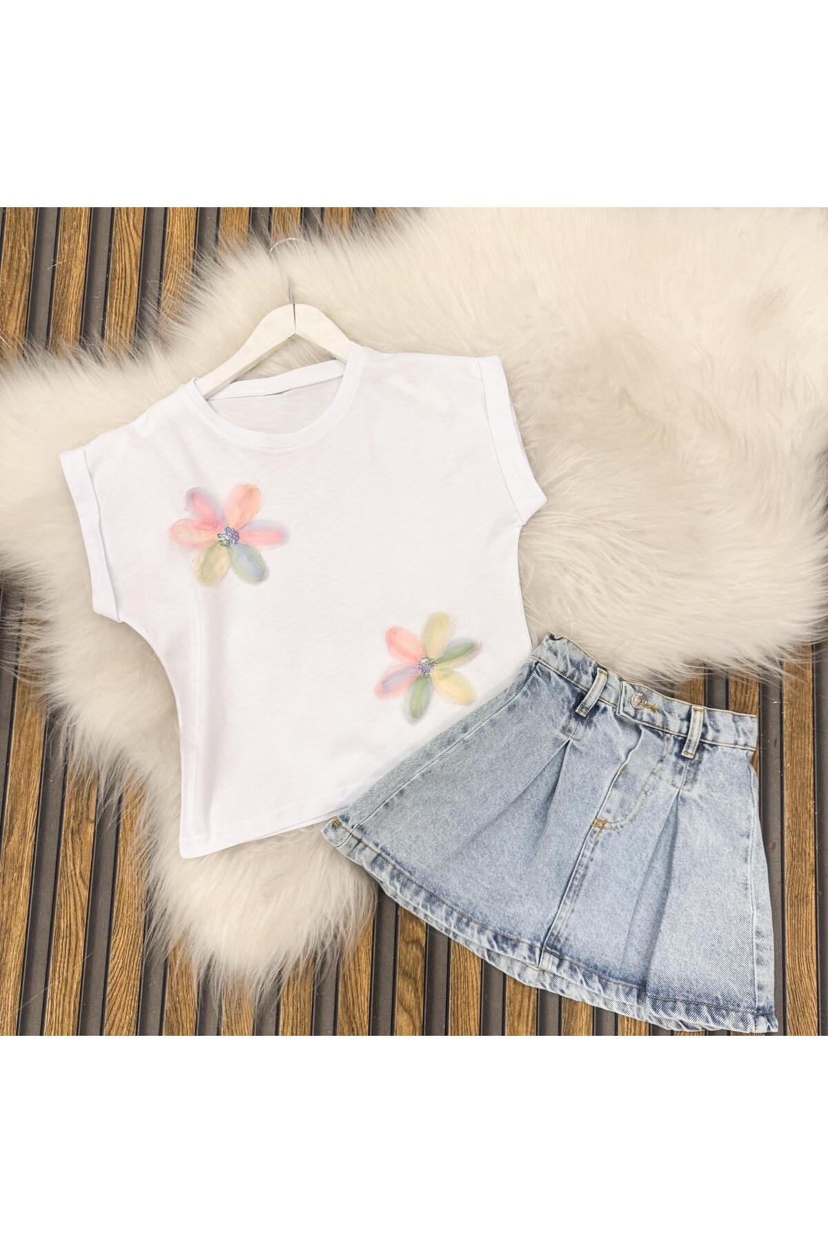 KOKOŞ BEBEK Çiçek Detaylı Kot Etekli Takım | 1/8 Yaş Arası fotoğrafı 2 (önizleme)