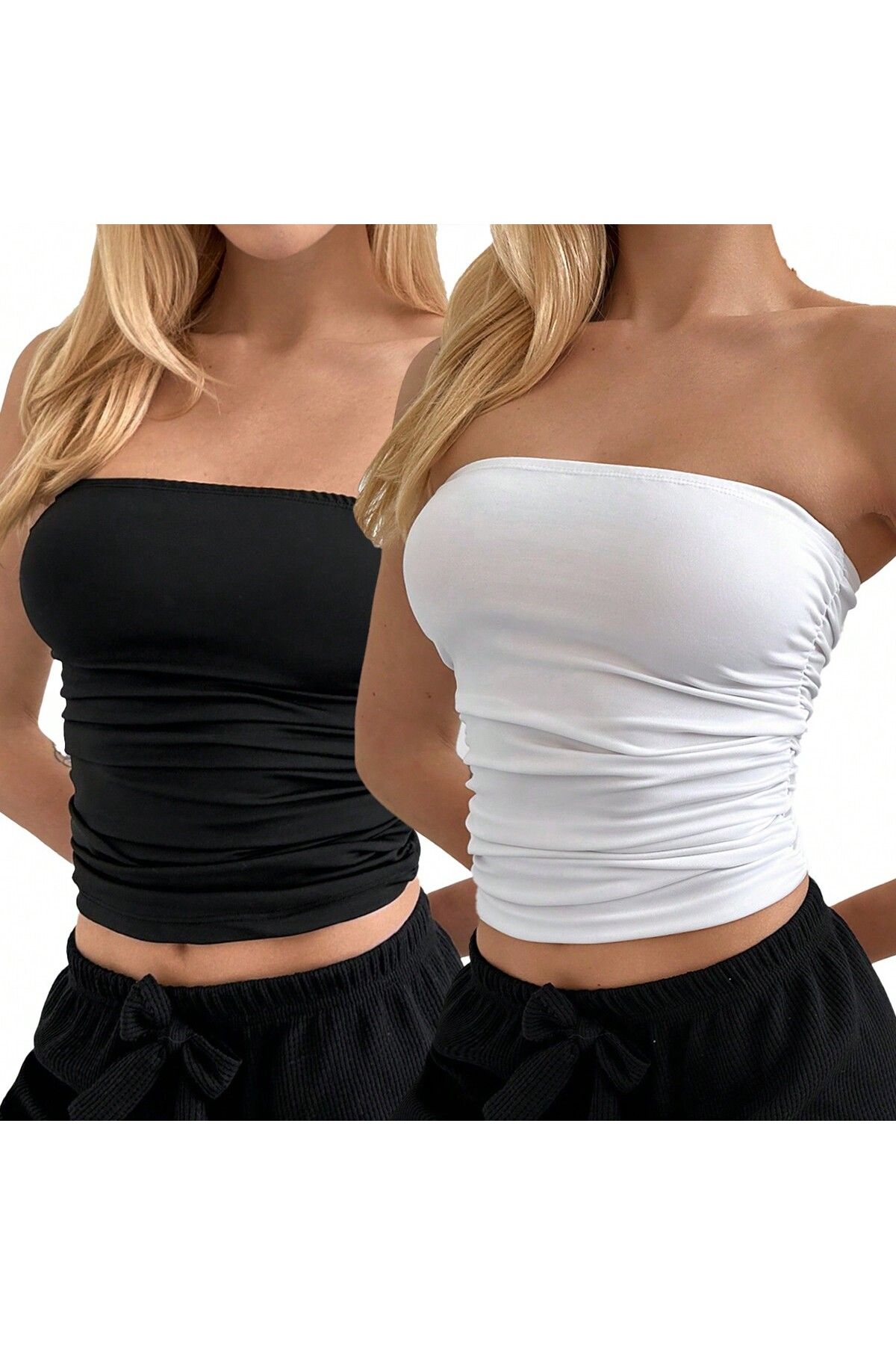 only moon kadın giyim Kadın mikro esnek kumaş Siyah-beyaz Straplez Büstiyer Crop 2'li paket