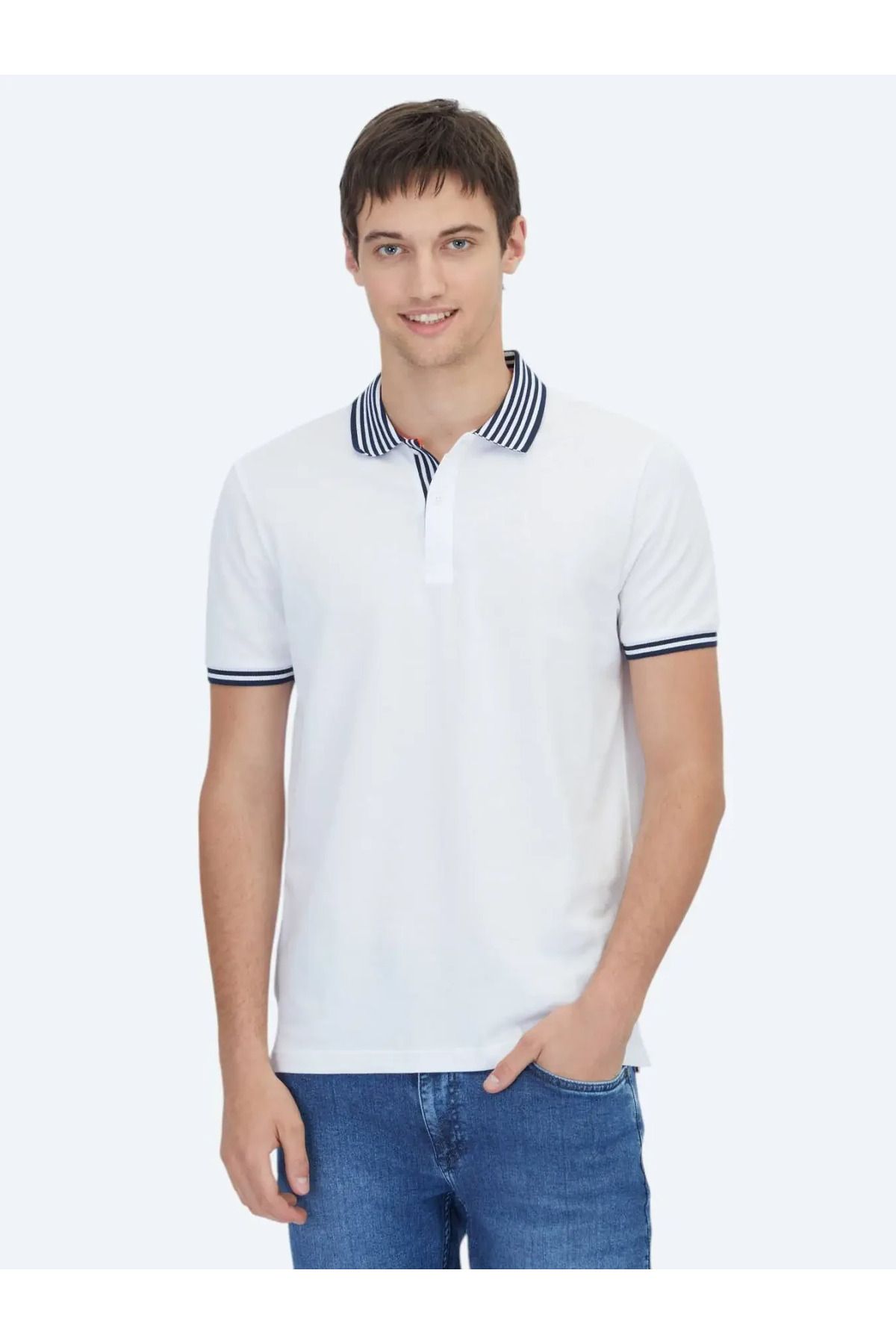 Kip Beyaz Polo Yaka Pamuk Karışımlı T-Shirt