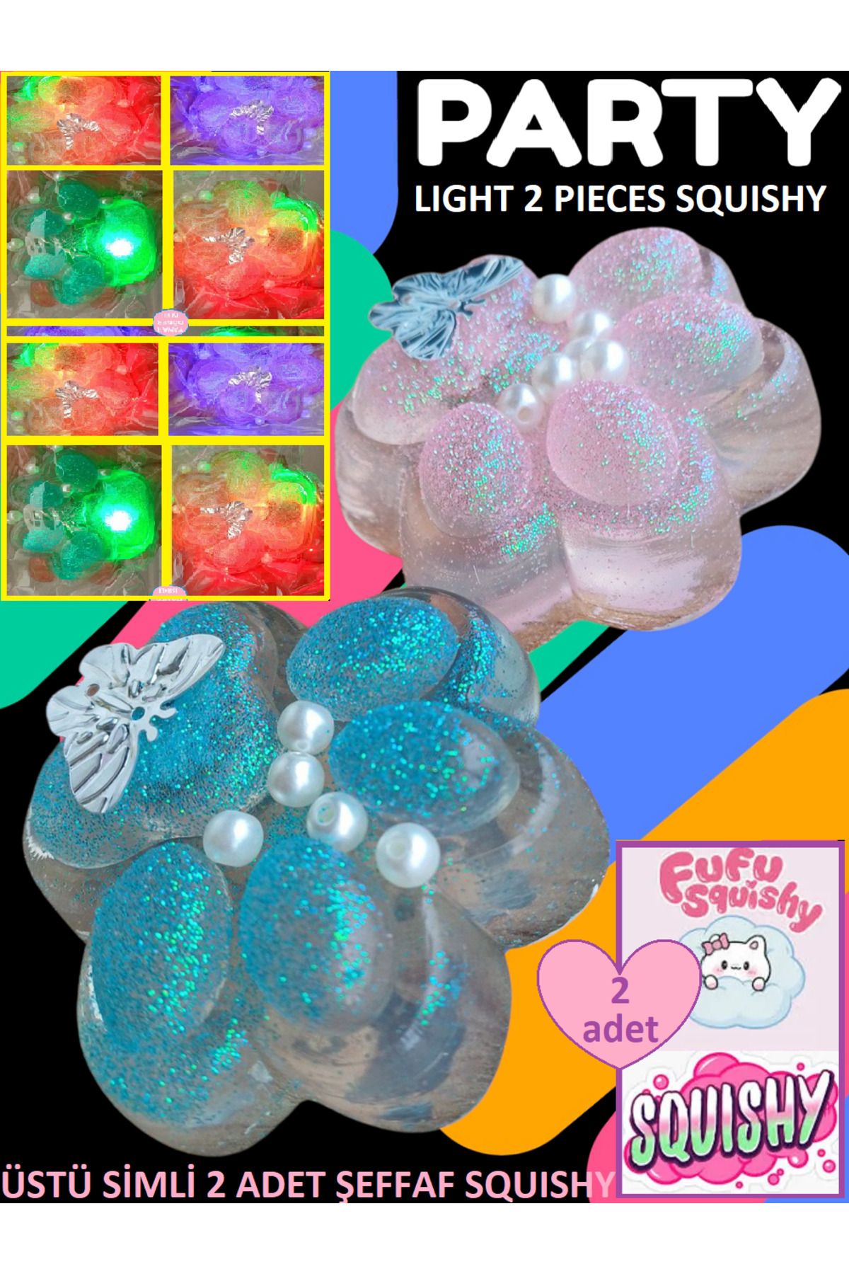 OYUNCAKSAHİLİ Fufu Squishy Kedi Patisi Pembe Mavi 2 Adet Şeffaf ışıklı Sukuşi Simli Oyuncak Pati 40cm Uzar