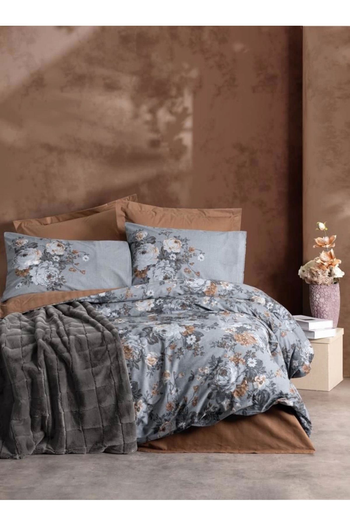 Heez Cotton Box Trim Çift Kişilik Battaniyeli Nevresim Takımı Smooth Antrasit