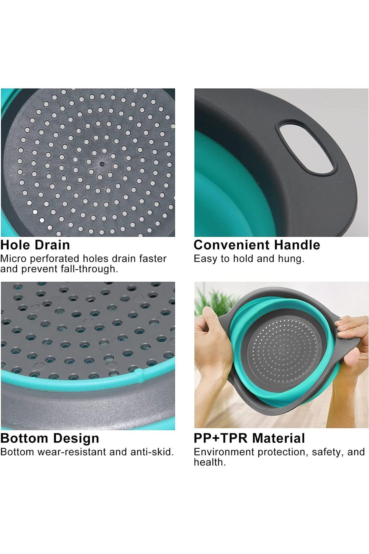 zola-Collapsible silicone colander set, 2 pieces, 19-24 x 3-3.5 cm, gray with blue 5