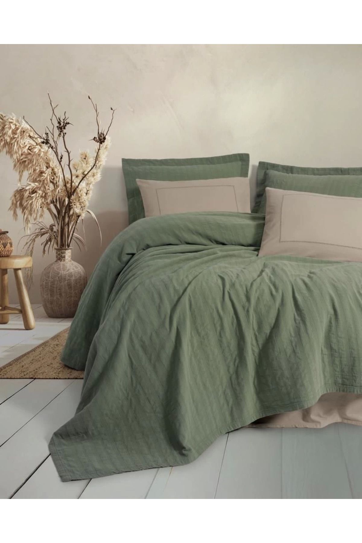 Angoravi Cotton Box Çift Kişilik Yatak Örtülü Pike Takımı Natura Vilo Yeşil