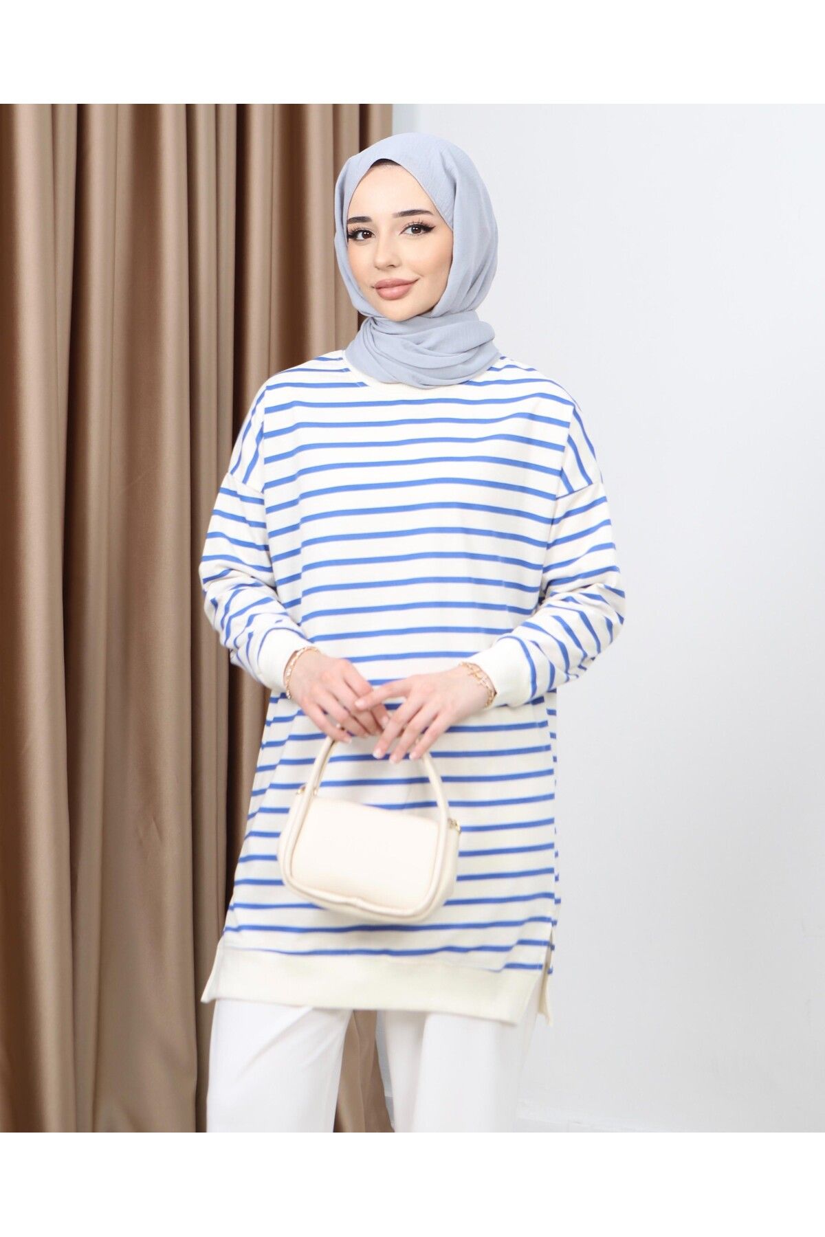 Neva-Striped Summer Hijab Tunic Sweatshirt - Two Thread 7