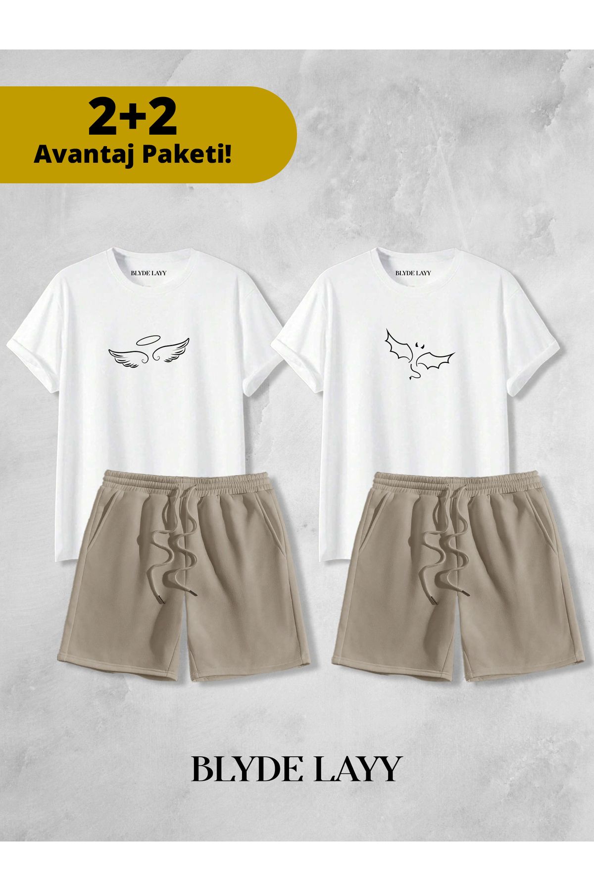 BLYDE LAYY Melek-Şeytan Baskılı Unisex 2'li Sevgili Çift Kombini (2 Şort - 2 T-shirt Takımı Avantaj Paketi)