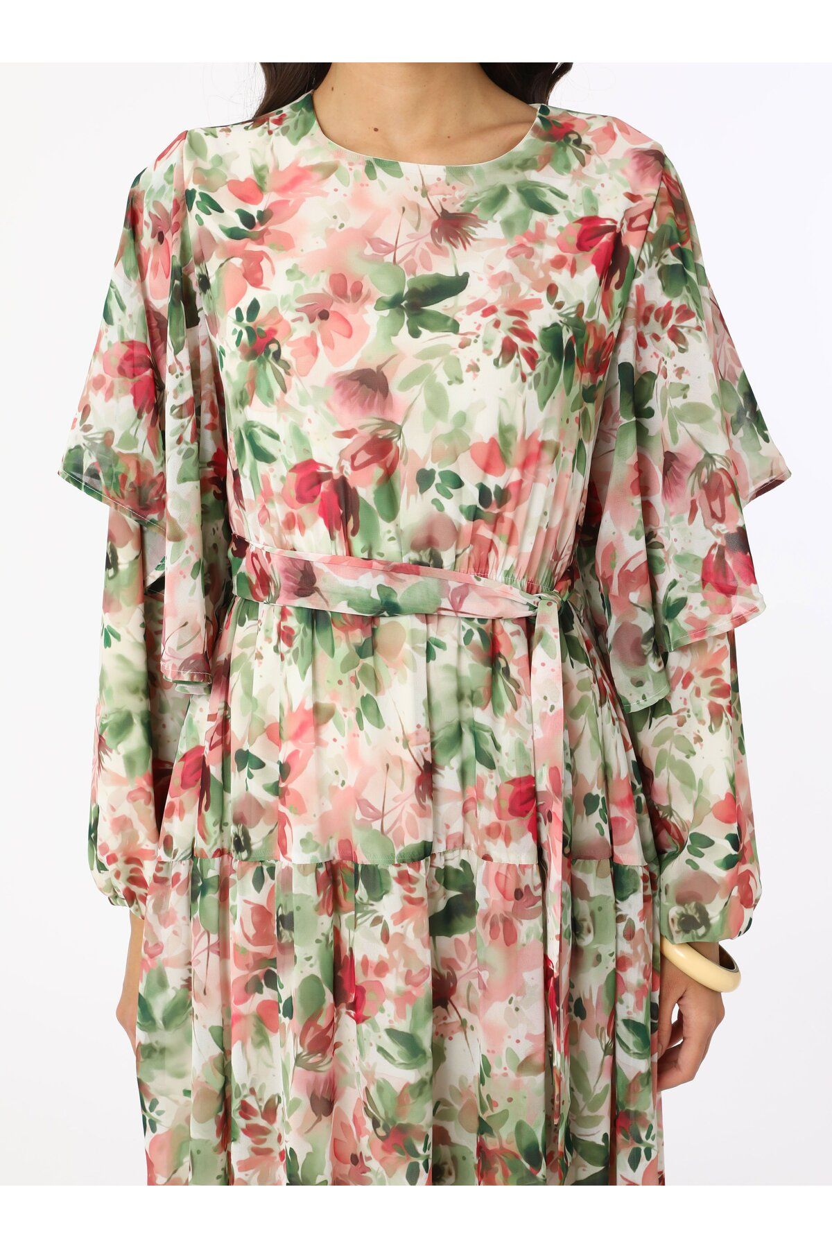 Refka-Rochie musulmană din șifon cu modele florale cu detaliu cu volane - roz - Refka 5