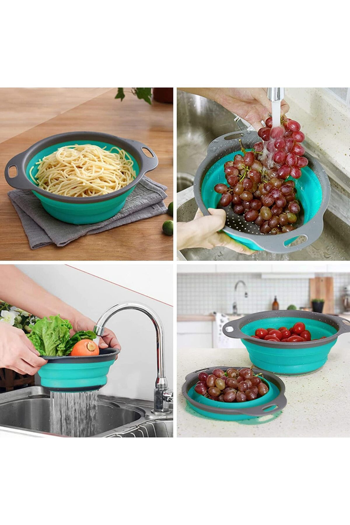 zola-Collapsible silicone colander set, 2 pieces, 19-24 x 3-3.5 cm, gray with blue 6