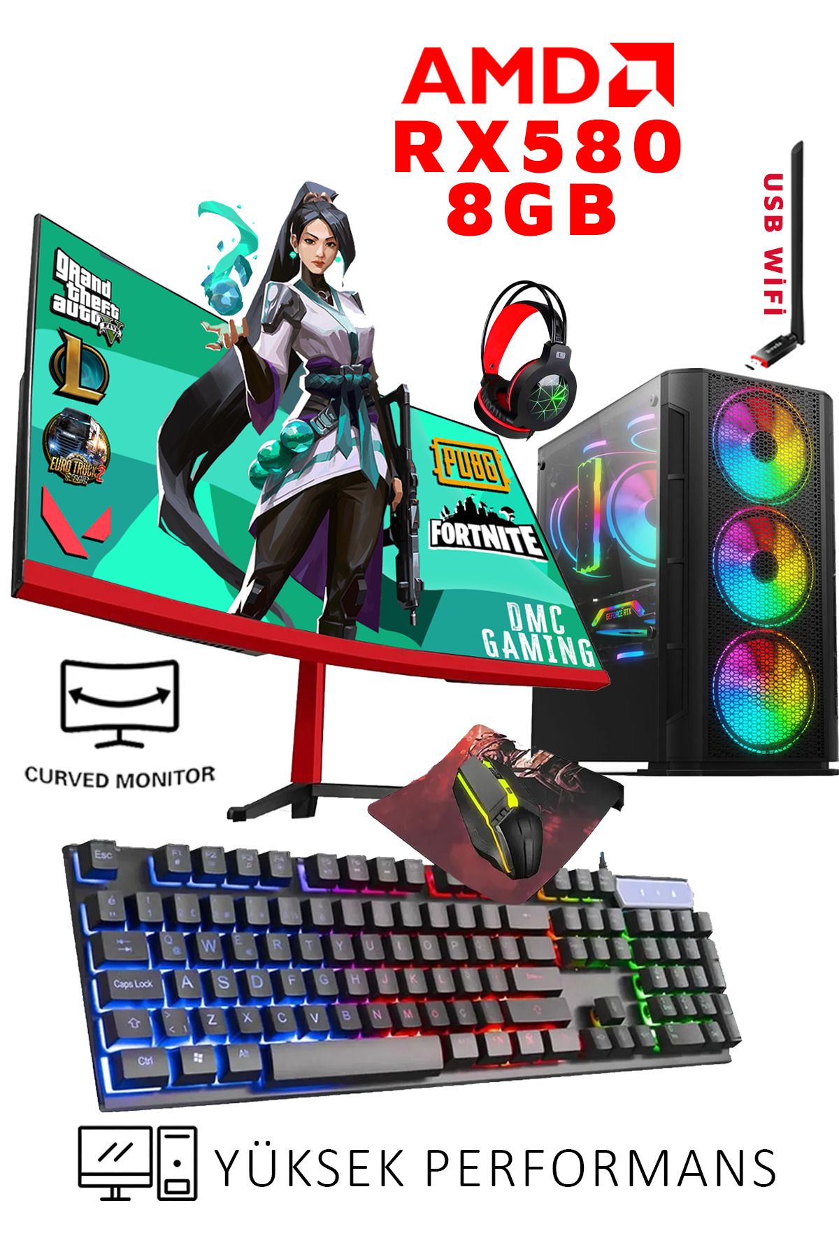 Dmc N138x (PUBG,GTA 5) I5-3470 16gb Ram,500gb Hdd,256gb Ssd,8gb Rx580,23.8"oyuncu Masaüstü Bilgisayar