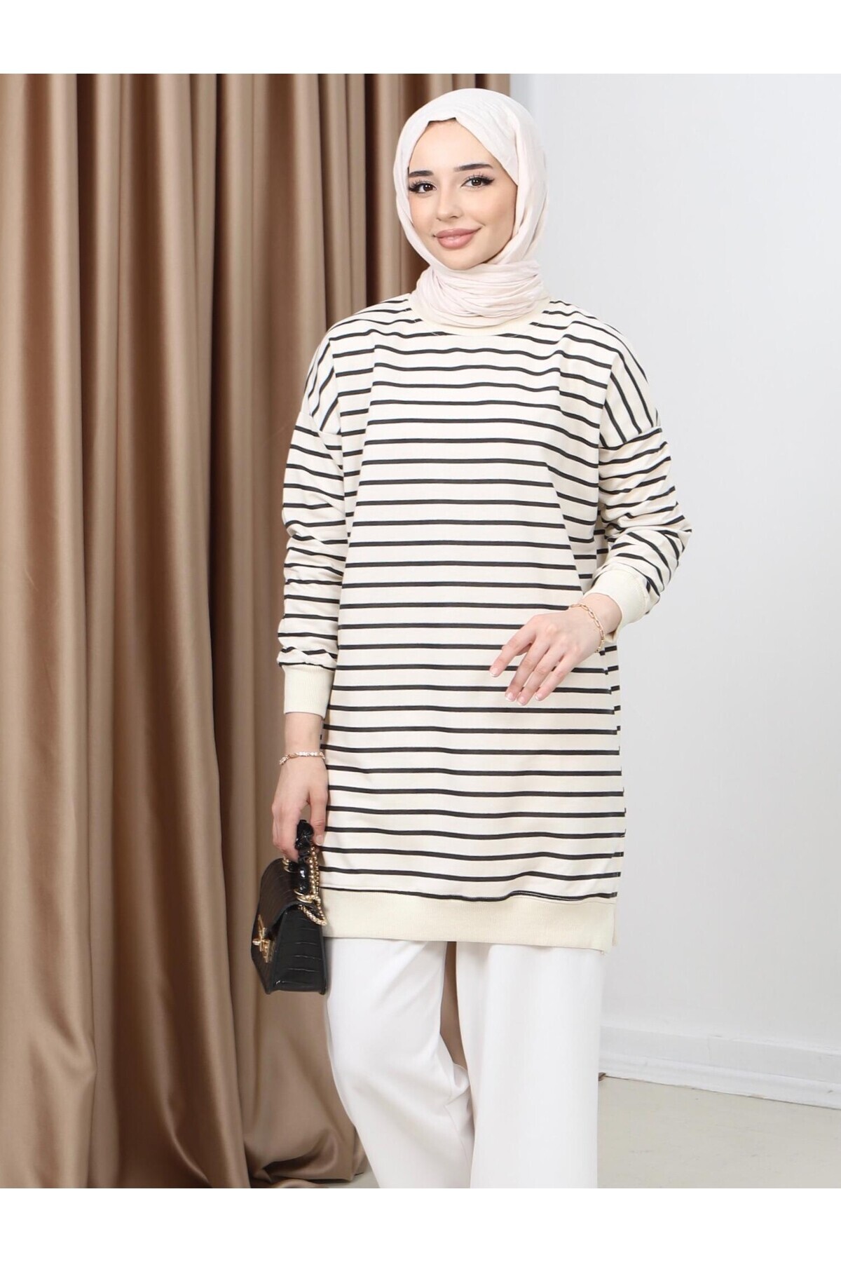 Neva-Γυναικείο Hijab Crew Neck με δύο κλωστές χτενισμένο βαμβακερό ύφασμα κατά του ιδρώτα Basic ριγέ τουνίκ 4