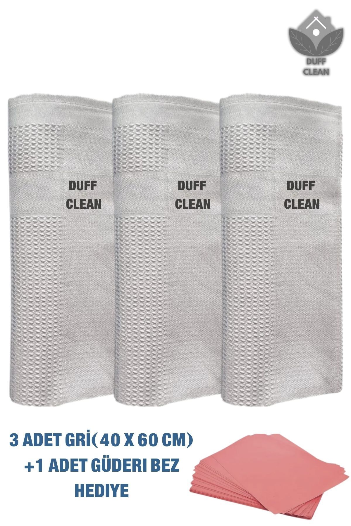 DUFF CLEAN 3'lü Mikrofiber Gümüş Temizlik Bezi, Cam,Mutfak, Fiber Temizleme Bezi 40 X 60 Cm+ Güderi Bez hediye