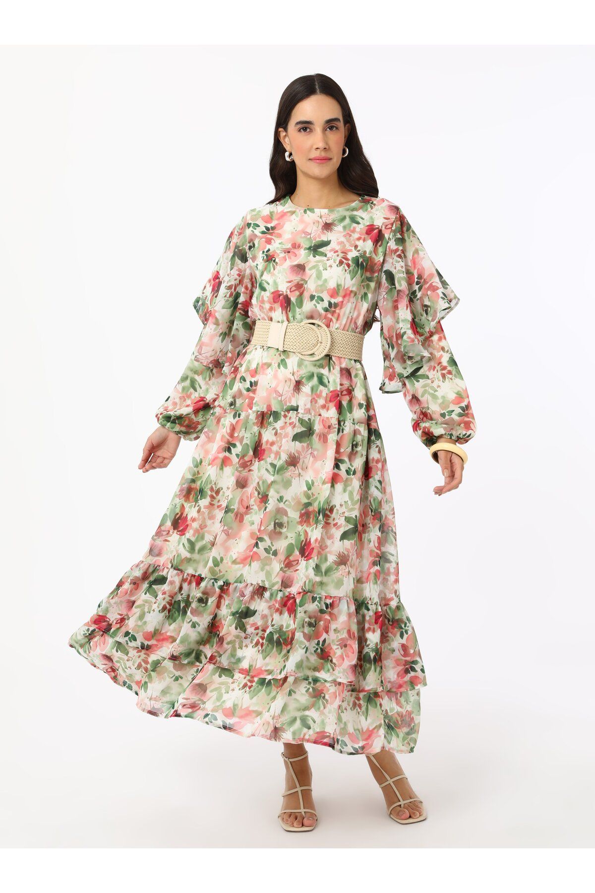 Refka-Rochie musulmană din șifon cu modele florale cu detaliu cu volane - roz - Refka 1
