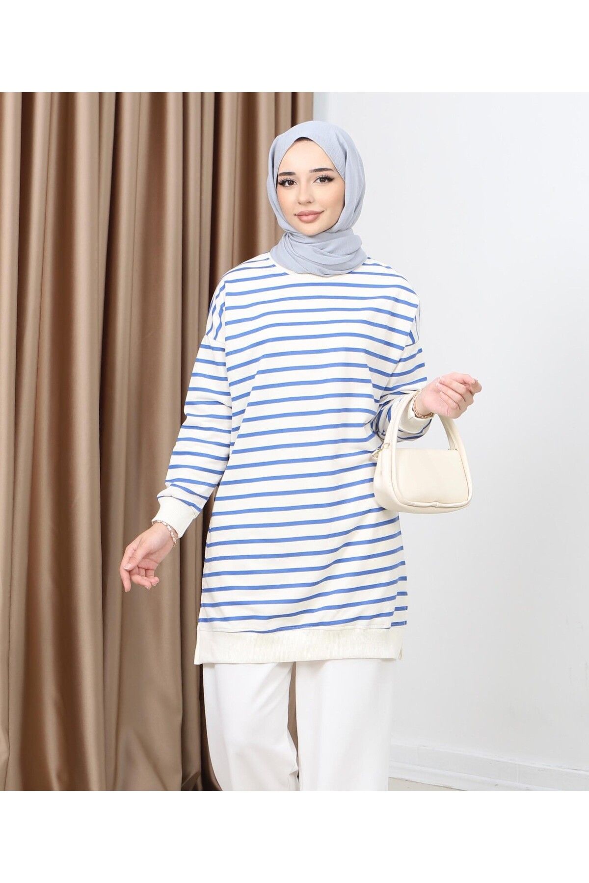 Neva-Striped Summer Hijab Tunic Sweatshirt - Two Thread 3