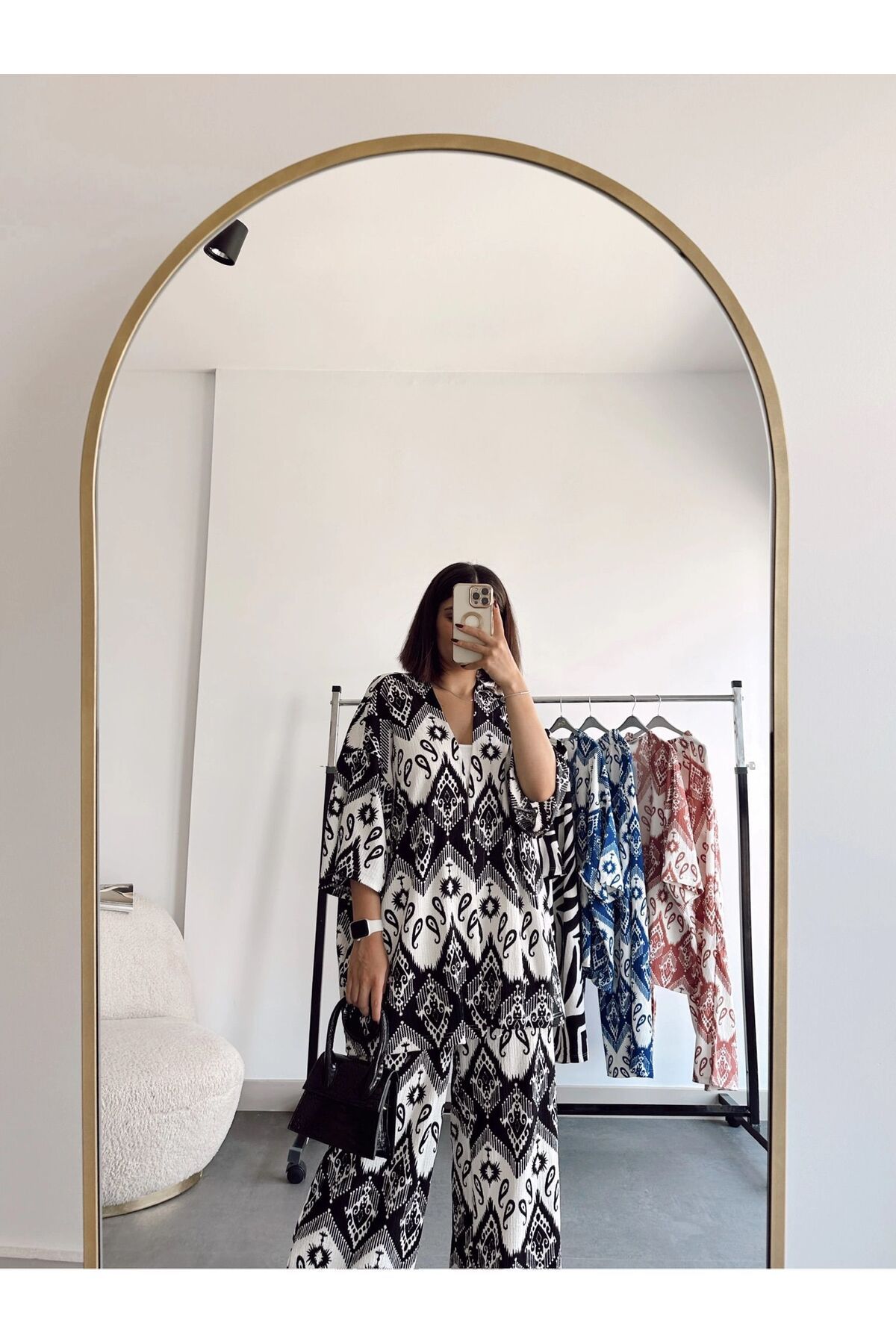 Butik Lavvbutik Kimonolu Pantalonlu Etnik Desenli Gofre Takım Siyah