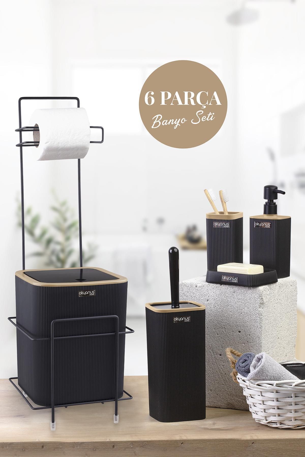Siyah Ahşap Desenli Mina Kare Yedekli Wc Kağıtlık ve 6 Parça Banyo Seti