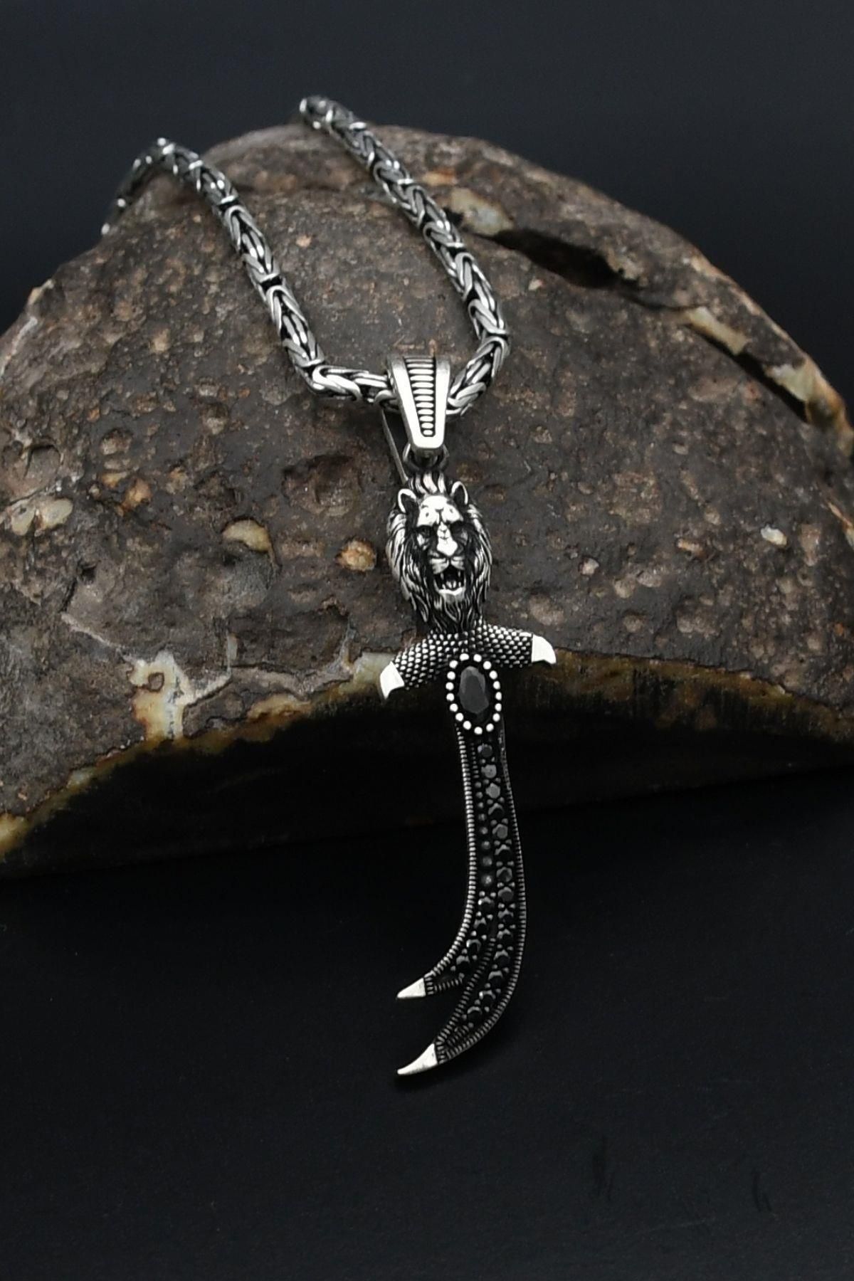 Prestige Aslan Figürlü ve Hz. Ali Zülfikar Kılıcı Gümüş Kolye Kral Zincir 2Mm 901843