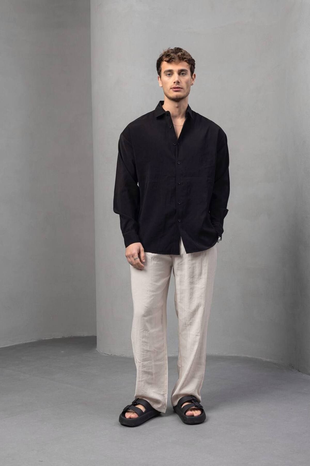 DİE MEN Erkek Yarım Oversize Kesim Keten Görünümlü Gömlek