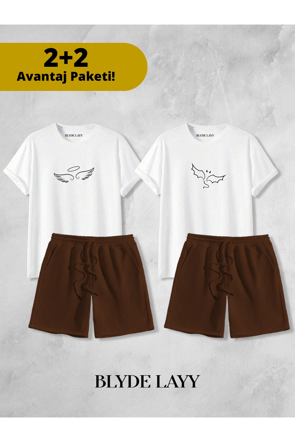 BLYDE LAYY Melek-Şeytan Baskılı Unisex 2'li Sevgili Çift Kombini (2 Şort - 2 T-shirt Takımı Avantaj Paketi)