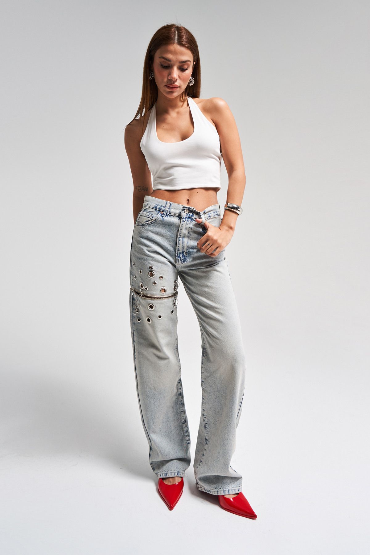 its basic Kadın T.Kot Rengi 4s5-67 Kuş Gözü Detaylı Loose Fit Tek Paça Çıkarılabilir Tasarım Denim Jean