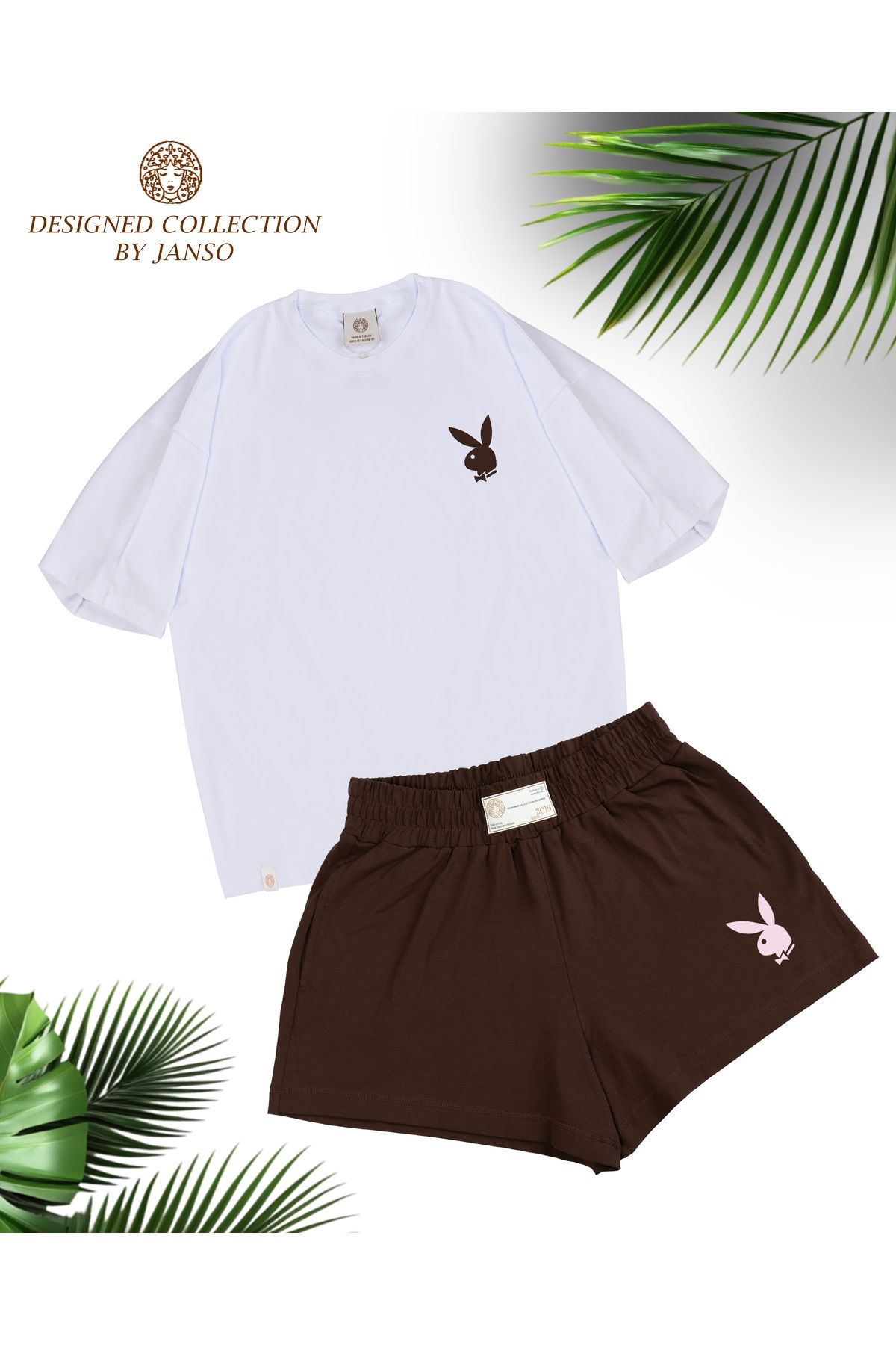 JANSO GROUP KADIN TAVŞAN BASKILI TSHIRT-ŞORT TAKIMI 2Lİ OVERSİZE BÜYÜK BEDEN PAMUKLU