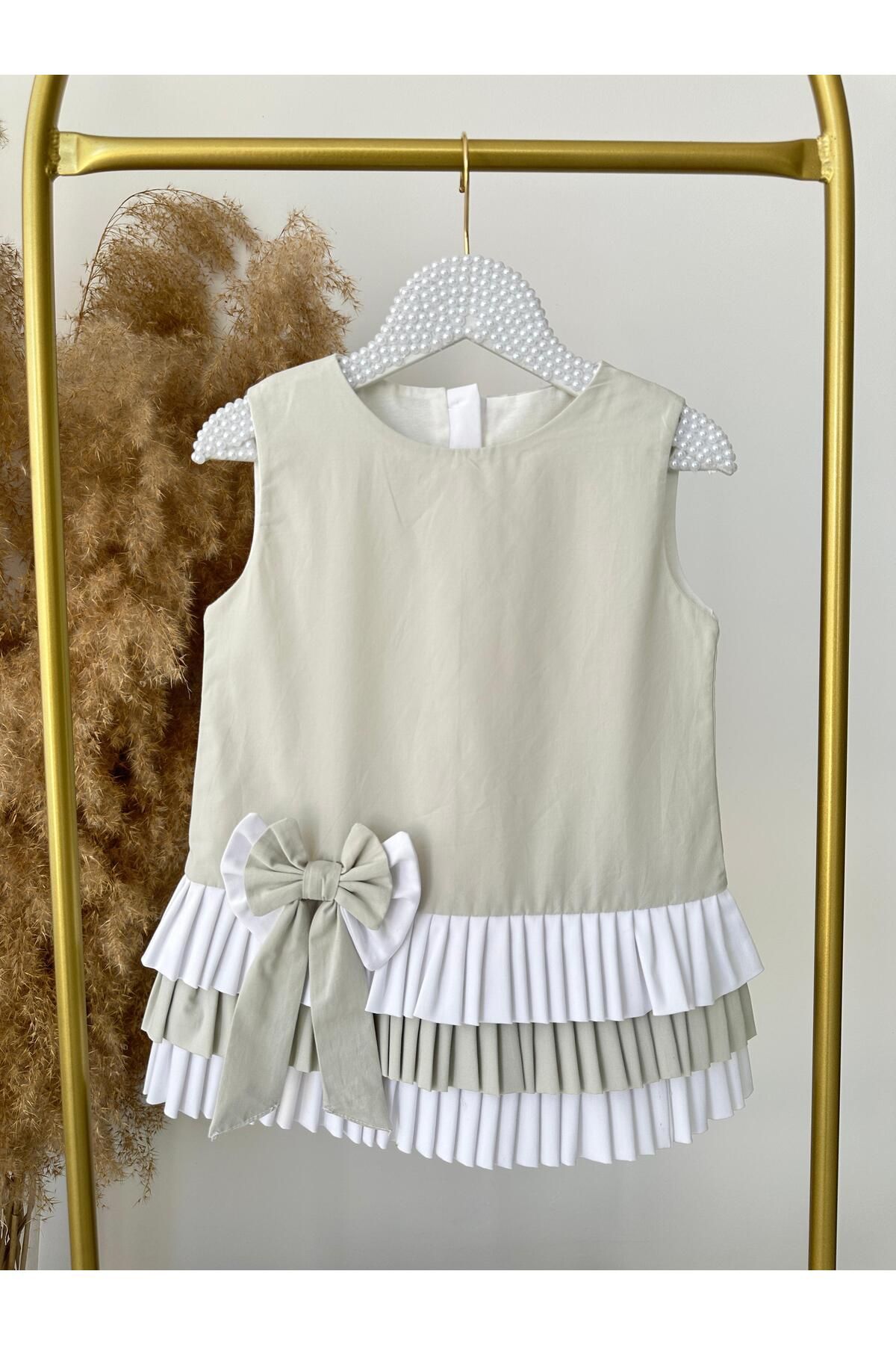 Hobidik Kız Bebek Poplin Yeşil Beyaz Pile Fiyonk Detay Elbise