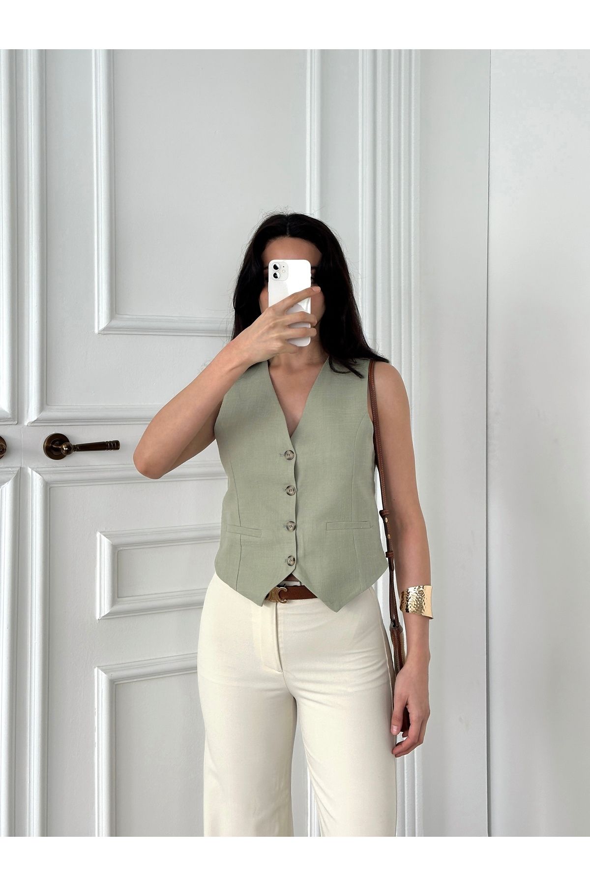POP STORY Kadın Düğmeli Yelek Önden Düğmeli Şık Slim Fit Kolsuz Yelek
