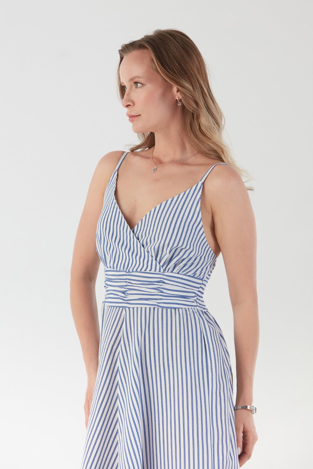 Fulla Moda-Ριγέ φόρεμα με διπλό στήθος με λουράκι από σχοινί 3