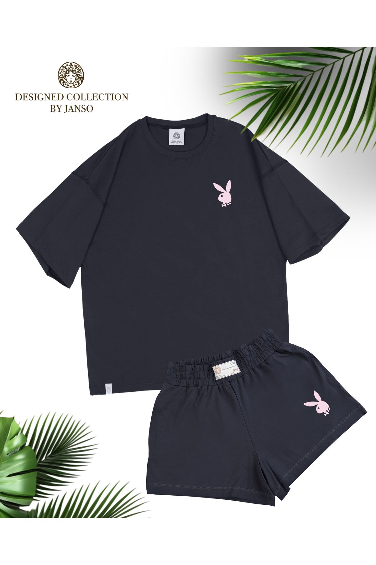 JANSO GROUP -KADIN TAVŞAN BASKILI TSHIRT-ŞORT TAKIMI 2Lİ OVERSİZE BÜYÜK BEDEN PAMUKLU