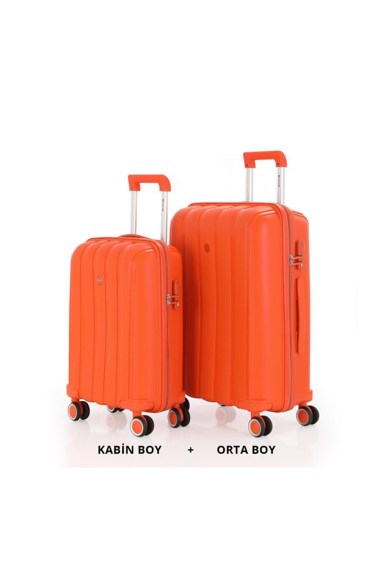 MÇS Bavul Orta ve Kabin 2li Set Kırılmaz Silikon Valiz V305 Portakal