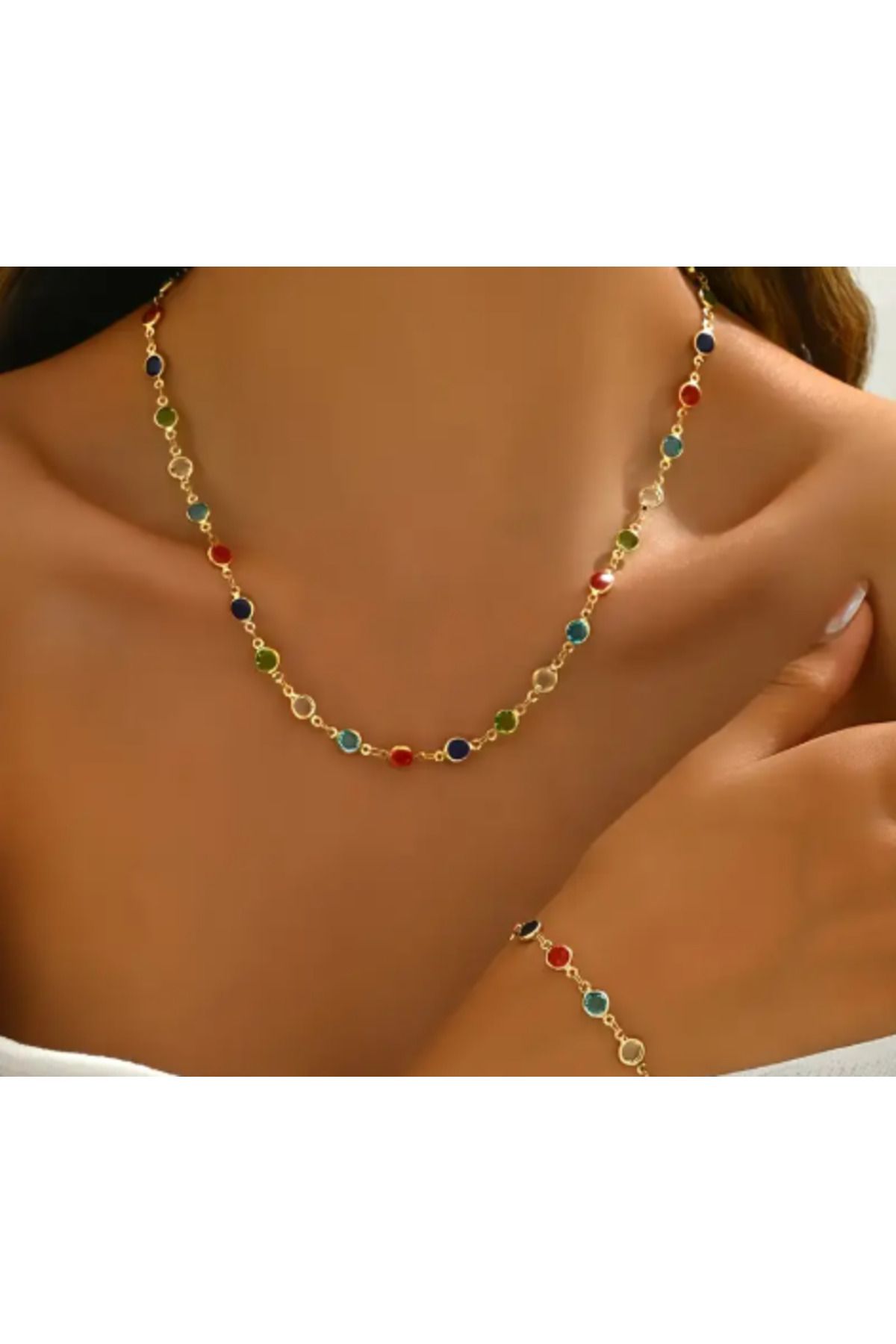 SE Jewellery Collection Selin Ersoy Kadın Renkli Taşlı Gold Kolye ve Bileklik Takımı – Zarif ve Şık Takı Seti