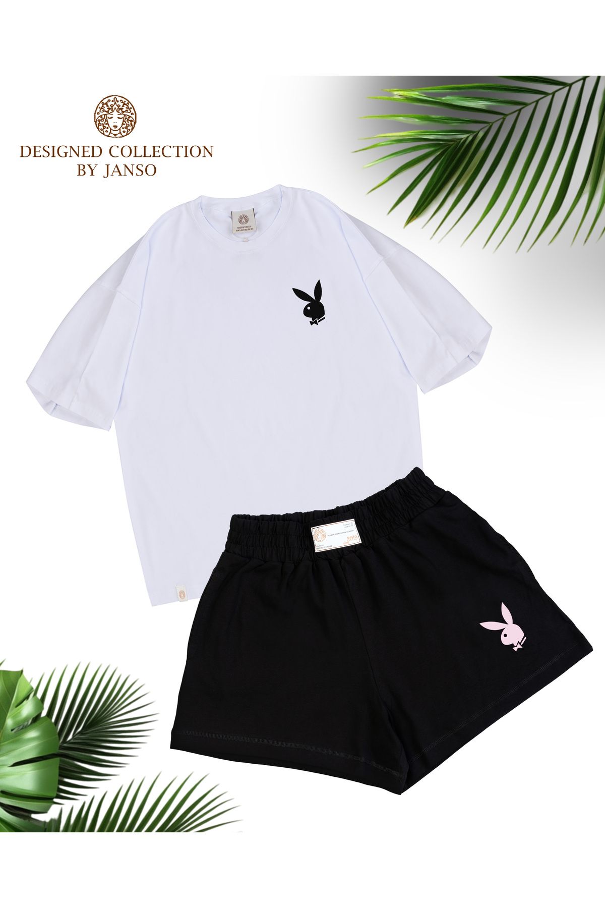 JANSO GROUP -KADIN TAVŞAN BASKILI TSHIRT-ŞORT TAKIMI 2Lİ OVERSİZE BÜYÜK BEDEN PAMUKLU