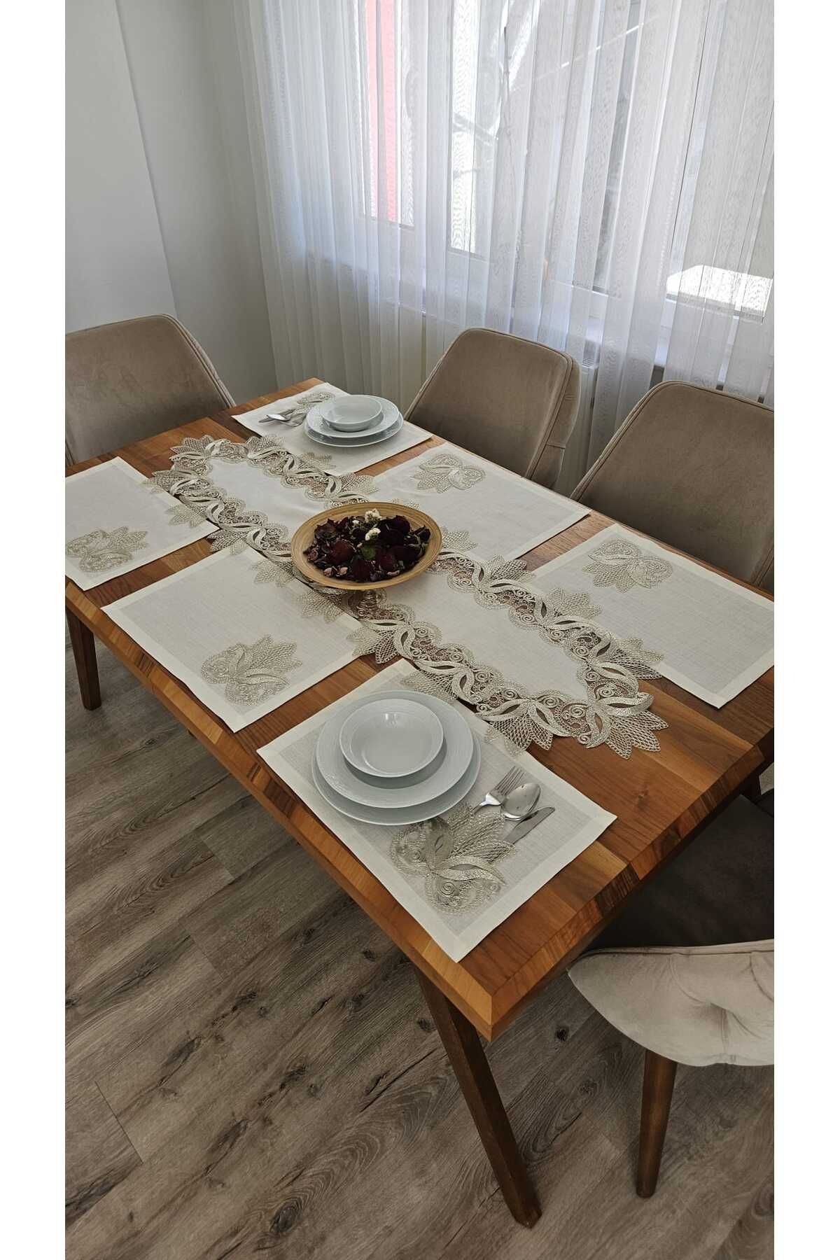 ZESA HOME Keten Dokulu Fransız Dantelli Amerikan Seti -8 Kişilik, 9 Parça