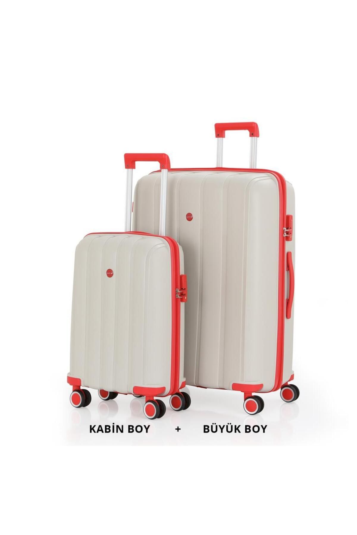 MÇS Bavul Büyük ve Kabin 2li Set Kırılmaz Silikon Valiz V305 Kemik/Mercan