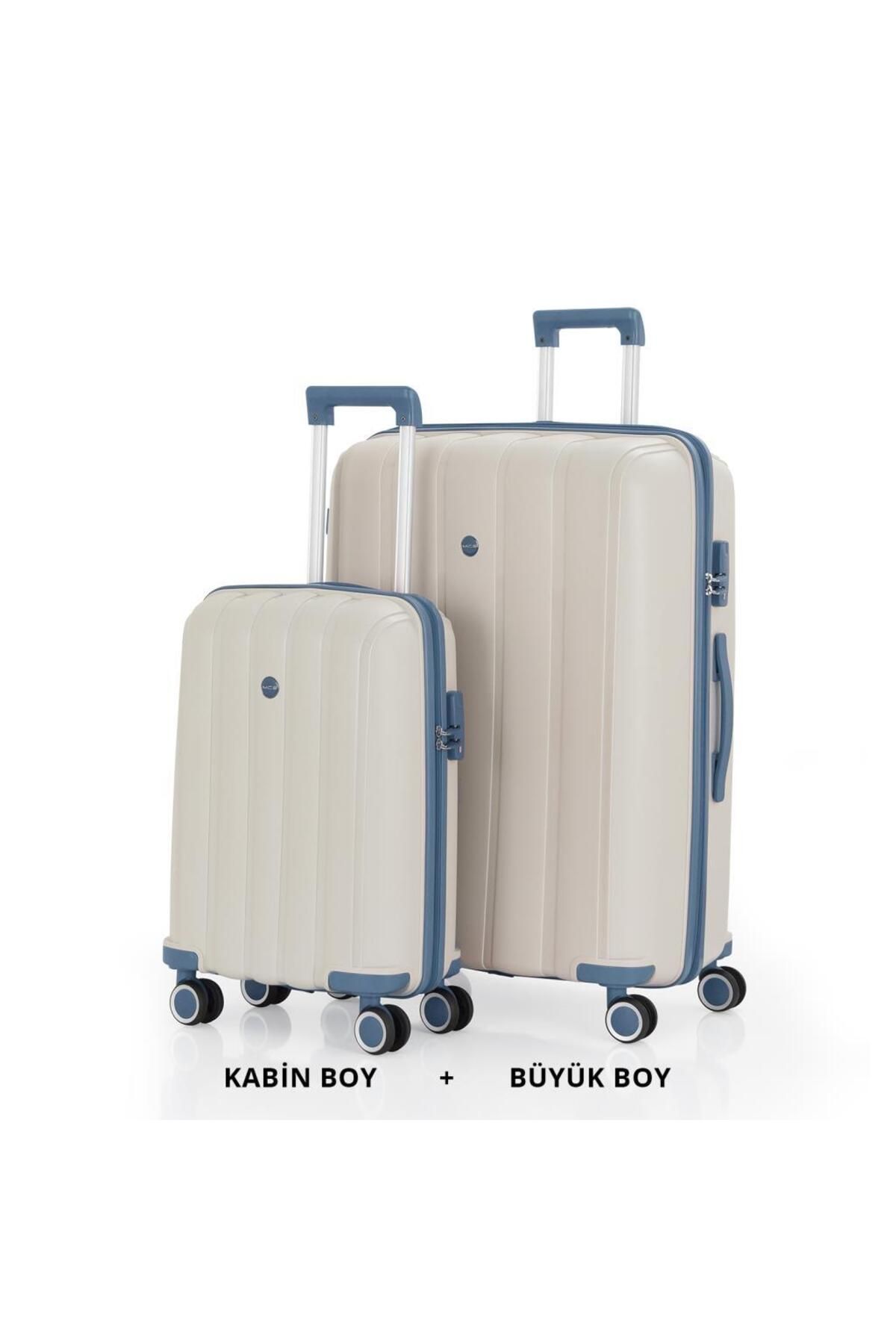 MÇS Bavul Büyük ve Kabin 2li Set Kırılmaz Silikon Valiz V305 Kemik/SkyBlue