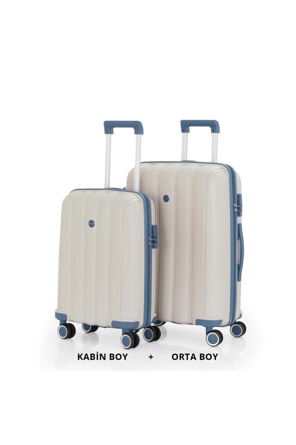 MÇS Bavul Orta ve Kabin 2li Set Kırılmaz Silikon Valiz V305 Kemik/SkyBlue