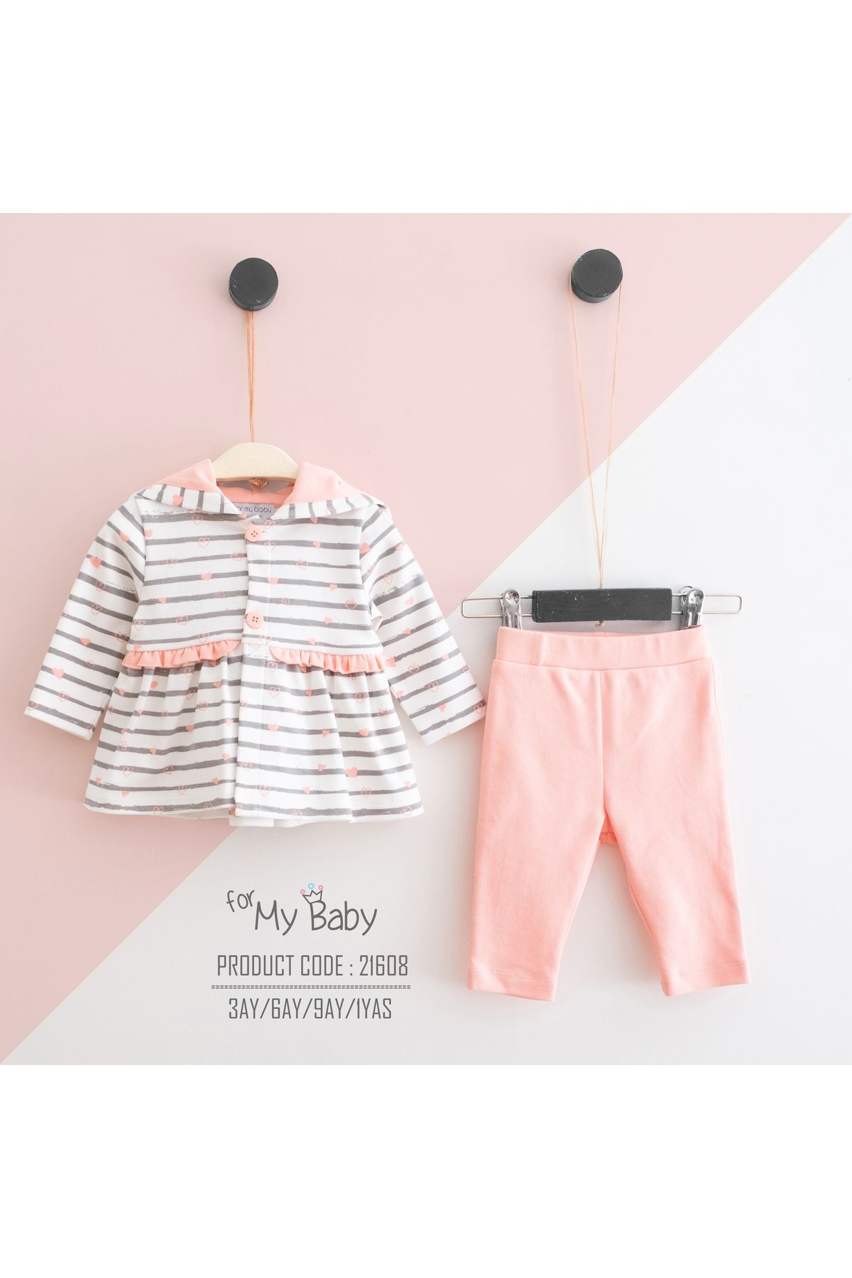 For My Baby %100 ORGANİK PAMUKLU KAPİŞONLU KALP DESENLİ FIRFIRLI 2'Lİ TAKIM