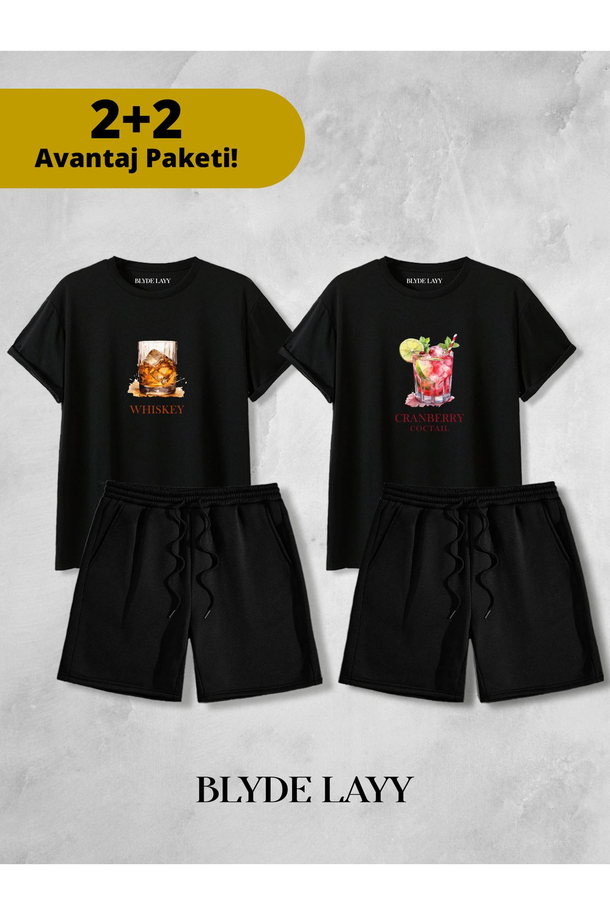 BLYDE LAYY Whıskey-Coctail Baskılı Unisex 2'li Sevgili Çift Kombini (2 Şort - 2 T-shirt Takımı Avantaj Paketi)