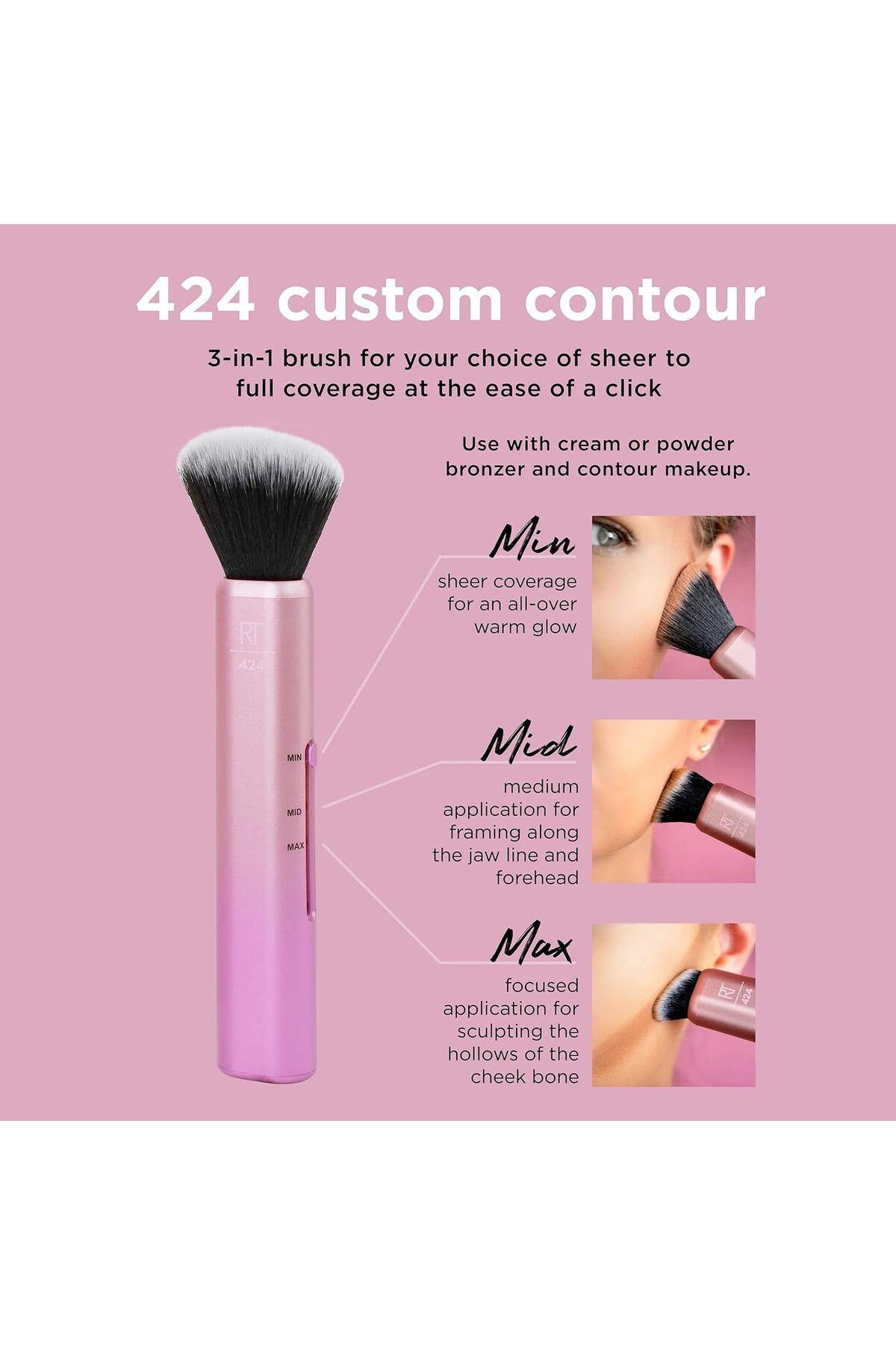 Real Techniques-Real Techniques Custom Contour 3-in-1 Brush, Slide For Bronzer and Contour, 3 Settings Sheer, Medium 3