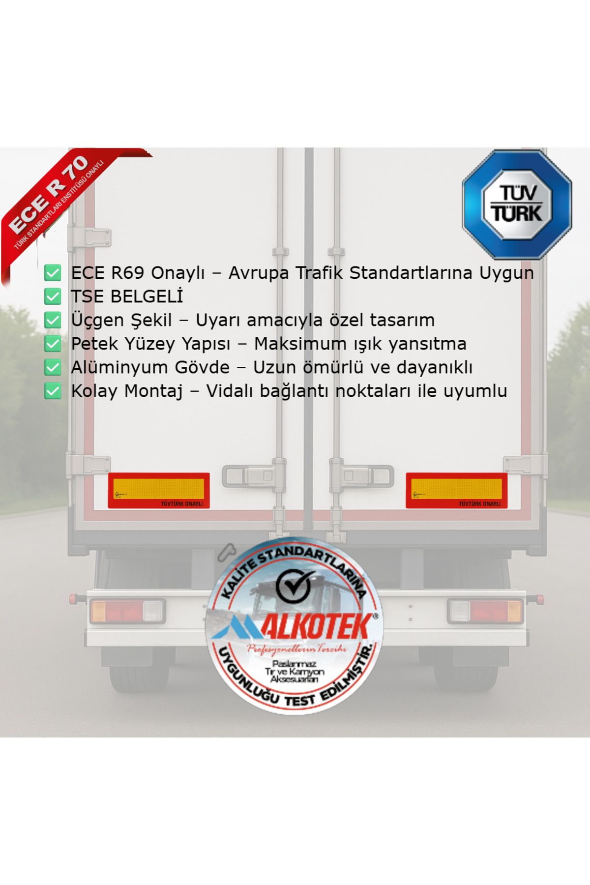 ALKOTEK TIR Arka İşaret Reflektörü 2 Adet – Alüminyum Gövde, ECE R70 Onaylı