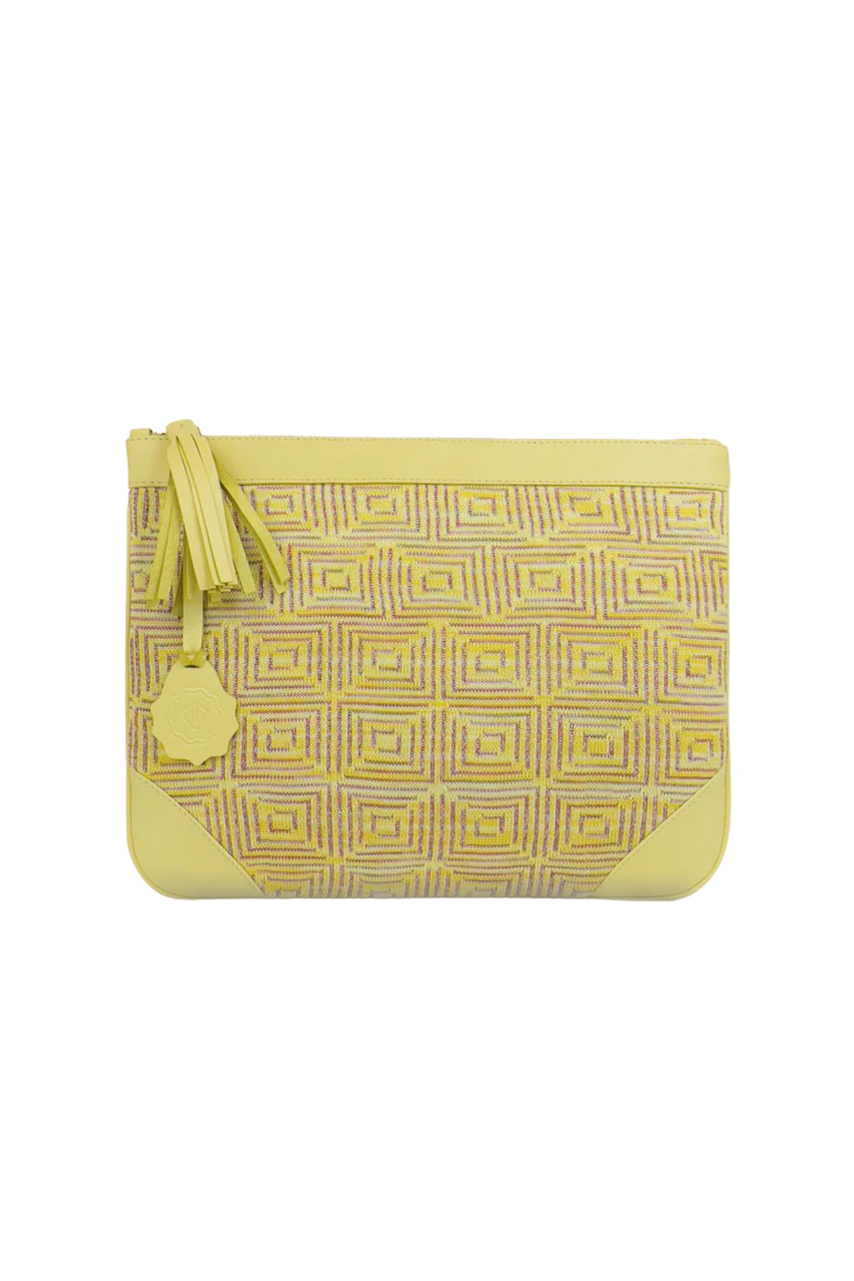 D'ylla Atelier Munch Serisinden Clutch 13'' Laptop Ve Tablet Uyumlu Jakarlı Deri El Çantası - Limon