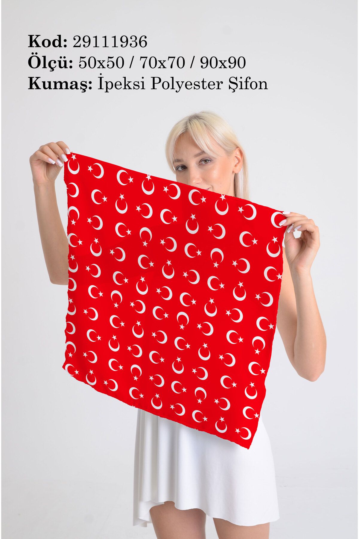 DESENİX Türk Bayrağı Temalı İpeksi Şifon Fular - 50x50, 70x70, 90x90 cm Büyük / Küçük Ay & Yıldız