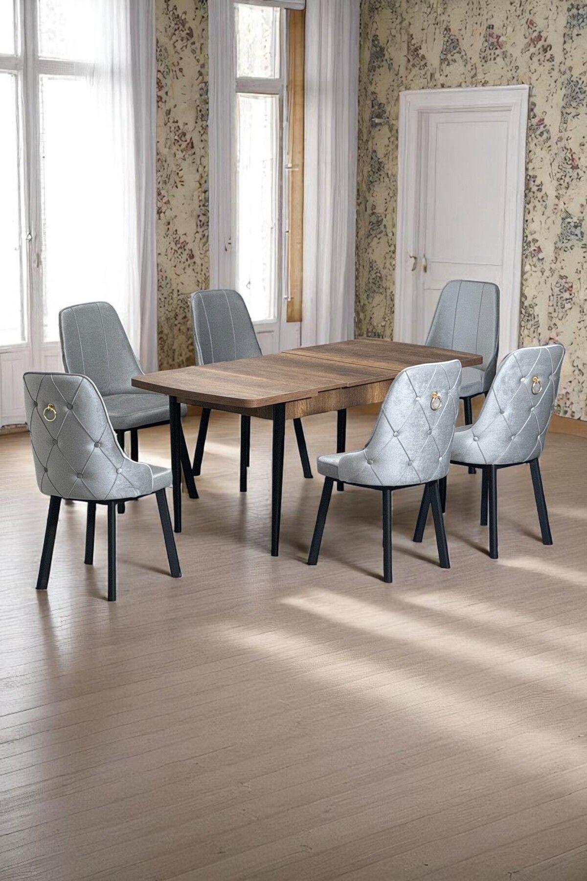 Sonata Ceviz 80 x 132 Açılabilen Sunta Masa Siyah Metal Ayaklı Mutfak Masası Takımı 6 Gri Sandalye-0